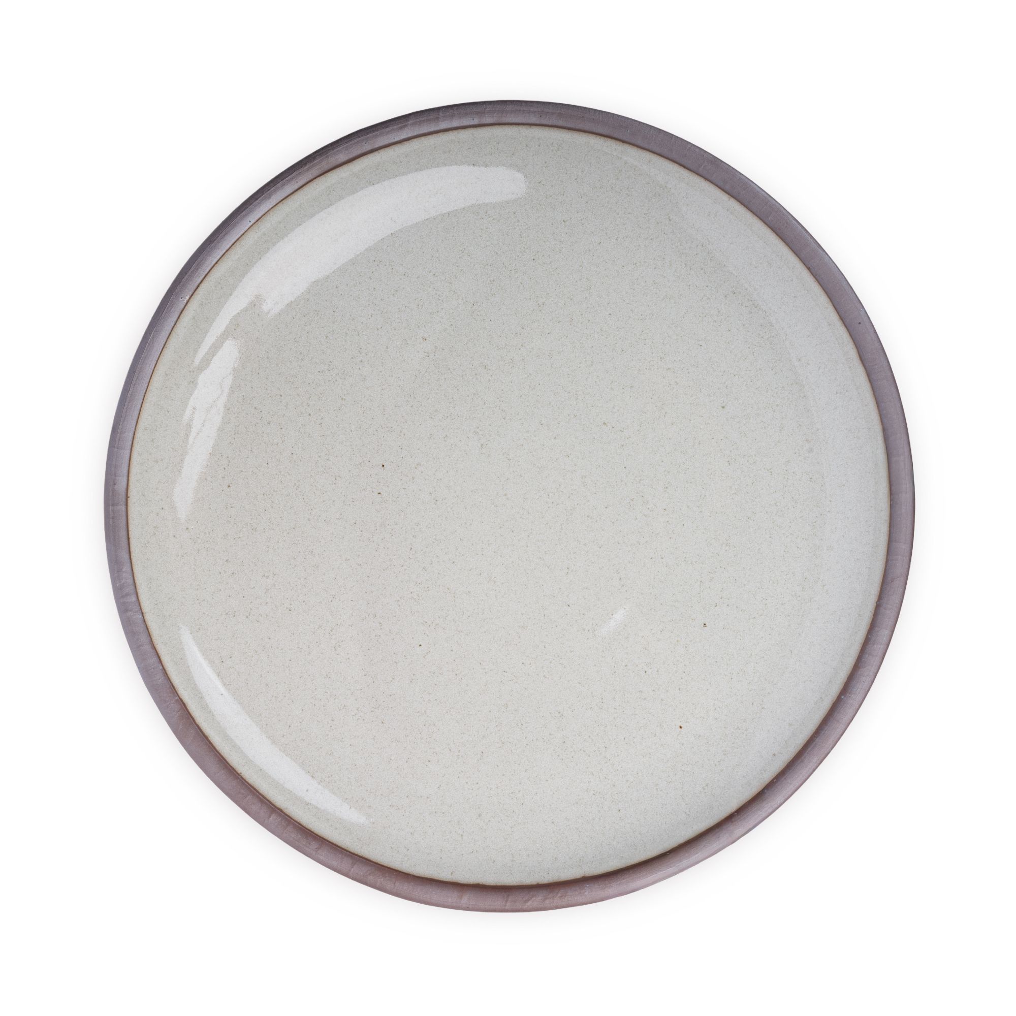 A large ceramic platter in a reflective icy white color featuring iron speckles and an unglazed rim.