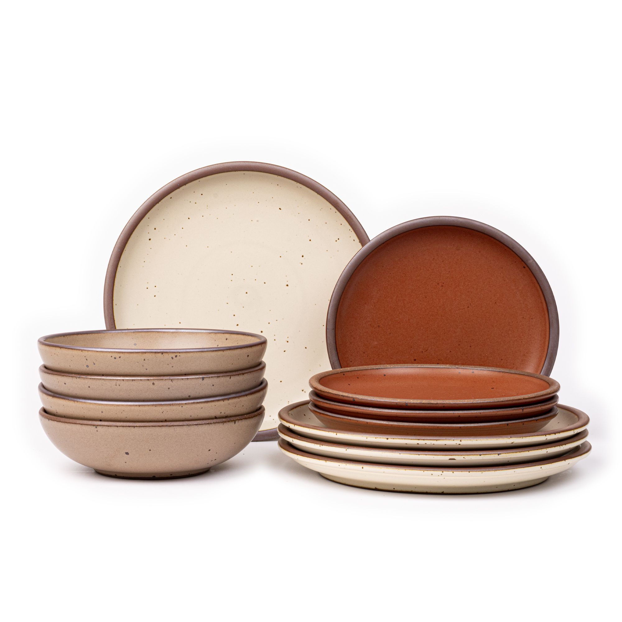 4 ceramic dinner plates in warm off-white, 4 side plates in cool terracotta, and 4 shallow dinner bowls in warm pale brown with iron speckles and unglazed rims.