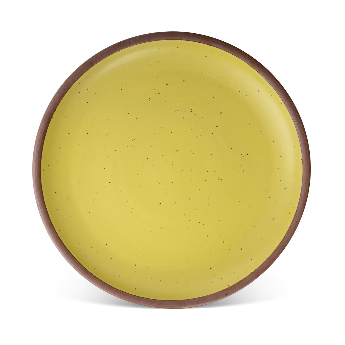 A large ceramic platter in a zesty yellow color featuring iron speckles and an unglazed rim