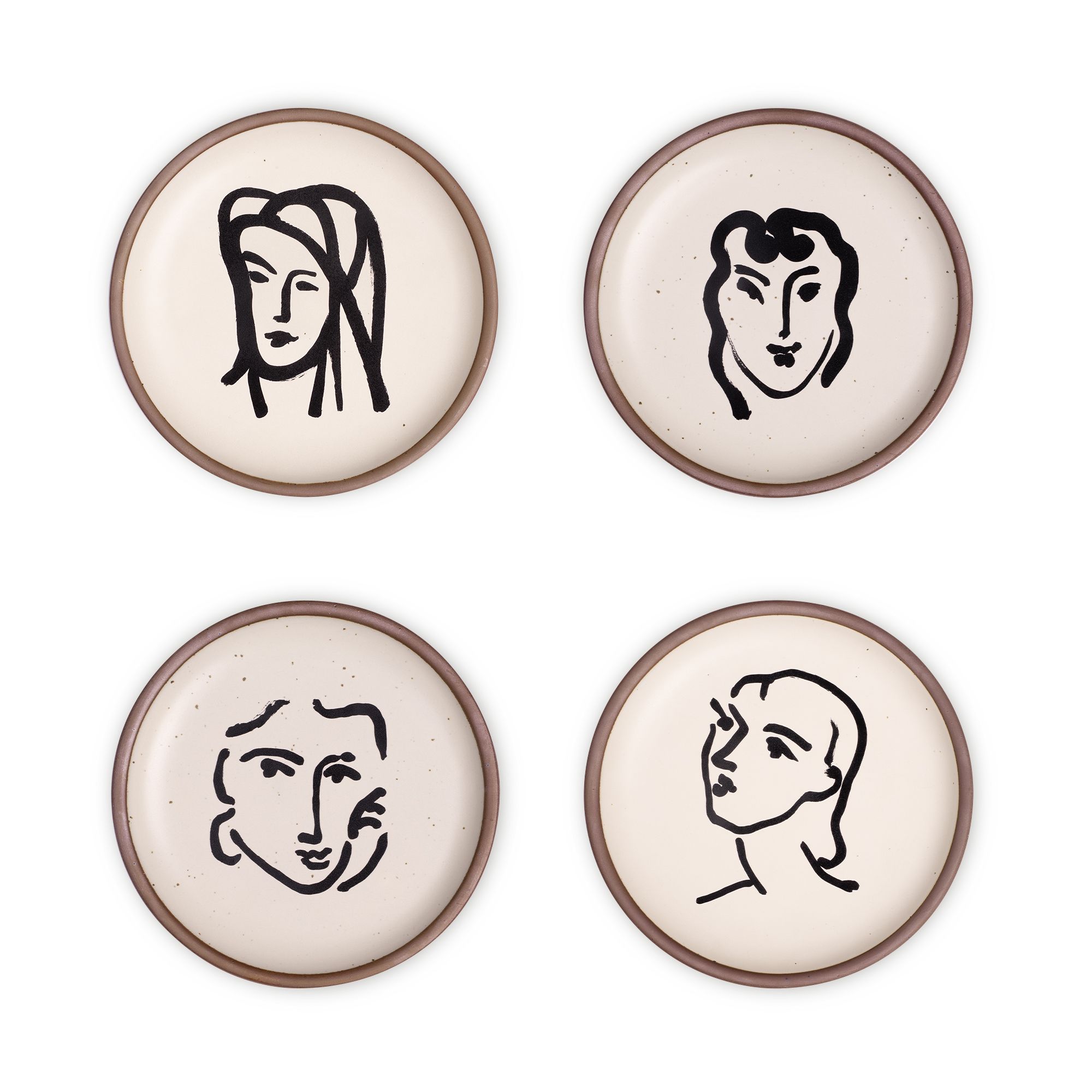 Four ceramic medium-sized plates in a warm off-white color with unglazed rim, featuring black aquatint portrait artworks by Henri Matisse.