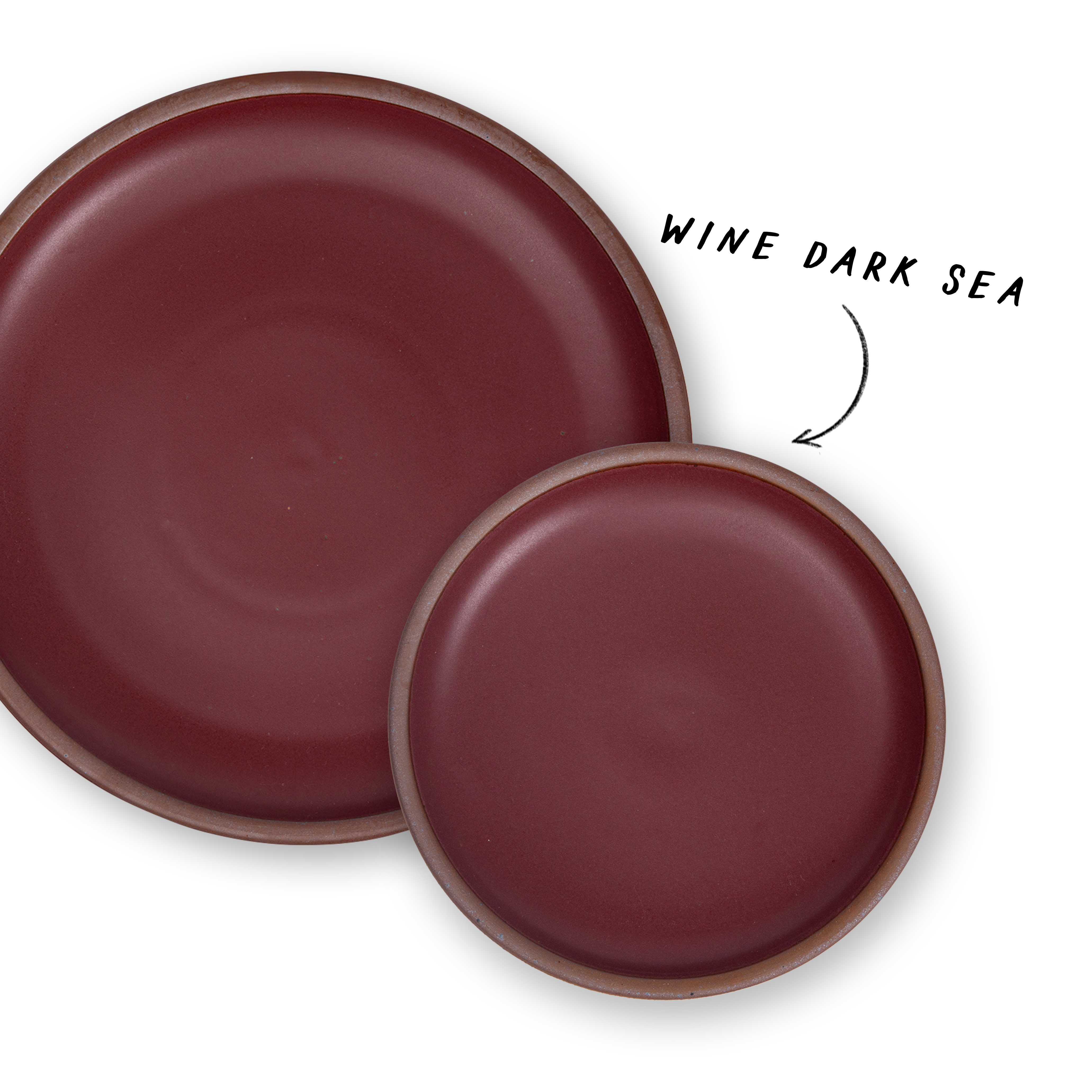 1 large and 1 small ceramic plate in a deep plum with an arrow pointing to both that reads 'Wine Dark Sea'