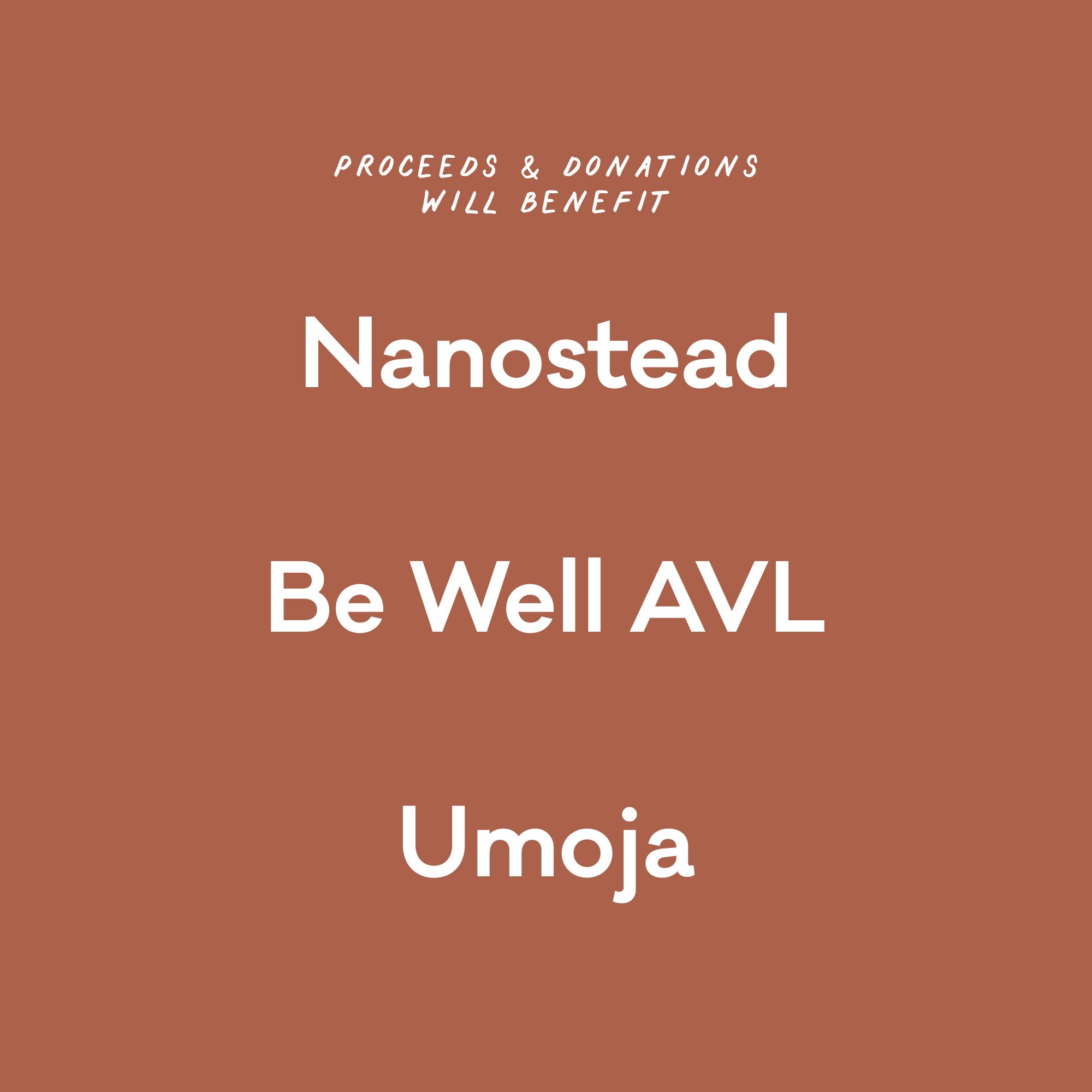 A graphic that reads "Proceeds and Donations will Benefit Nanostead, Be Well AVL, and Umoja"