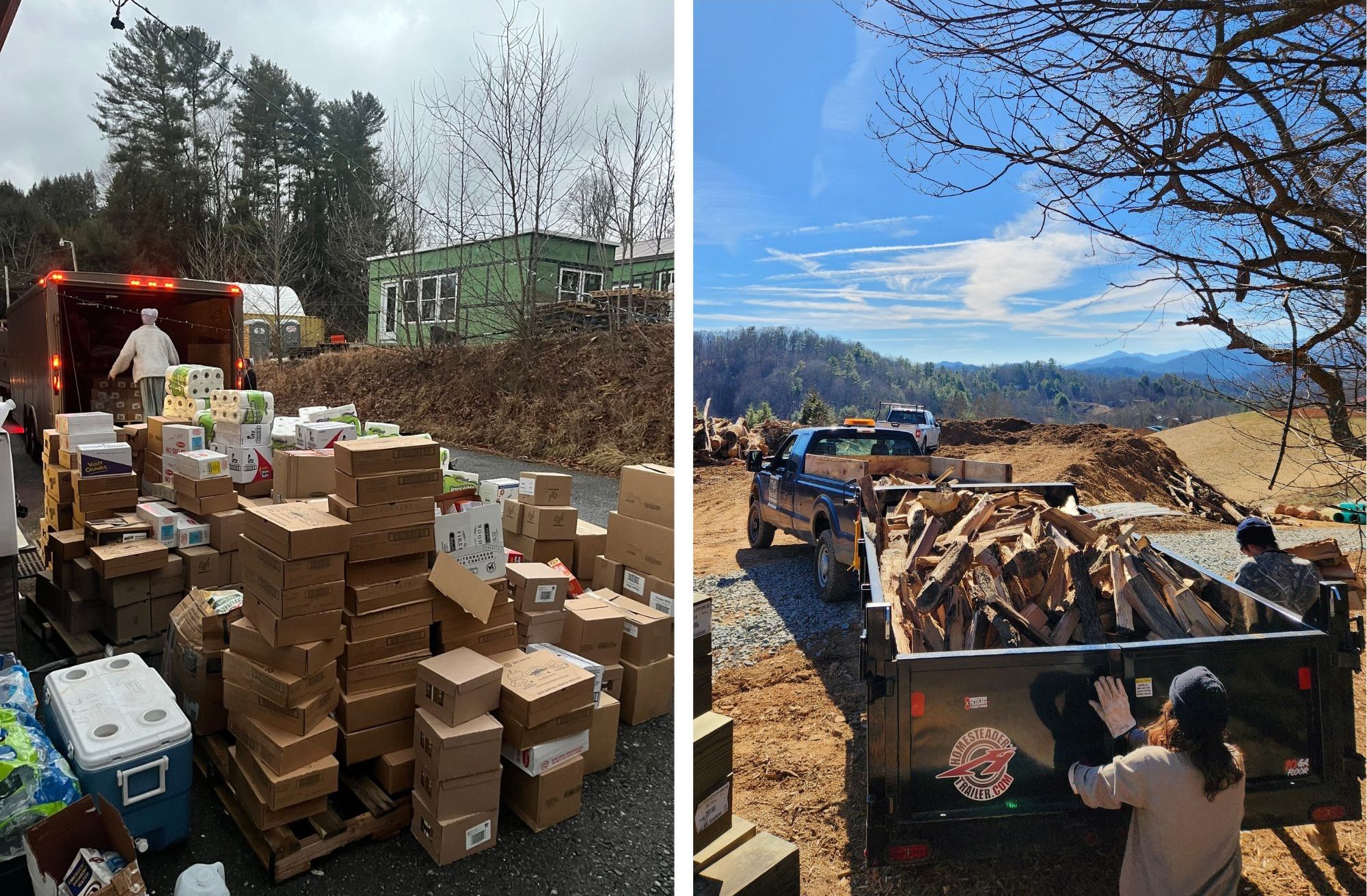 2 Photos: the left is several stacks of donations, large boxes, toilet paper sitting outside of a delivery truck outside. The right is a truck bed filled with chopped wood.