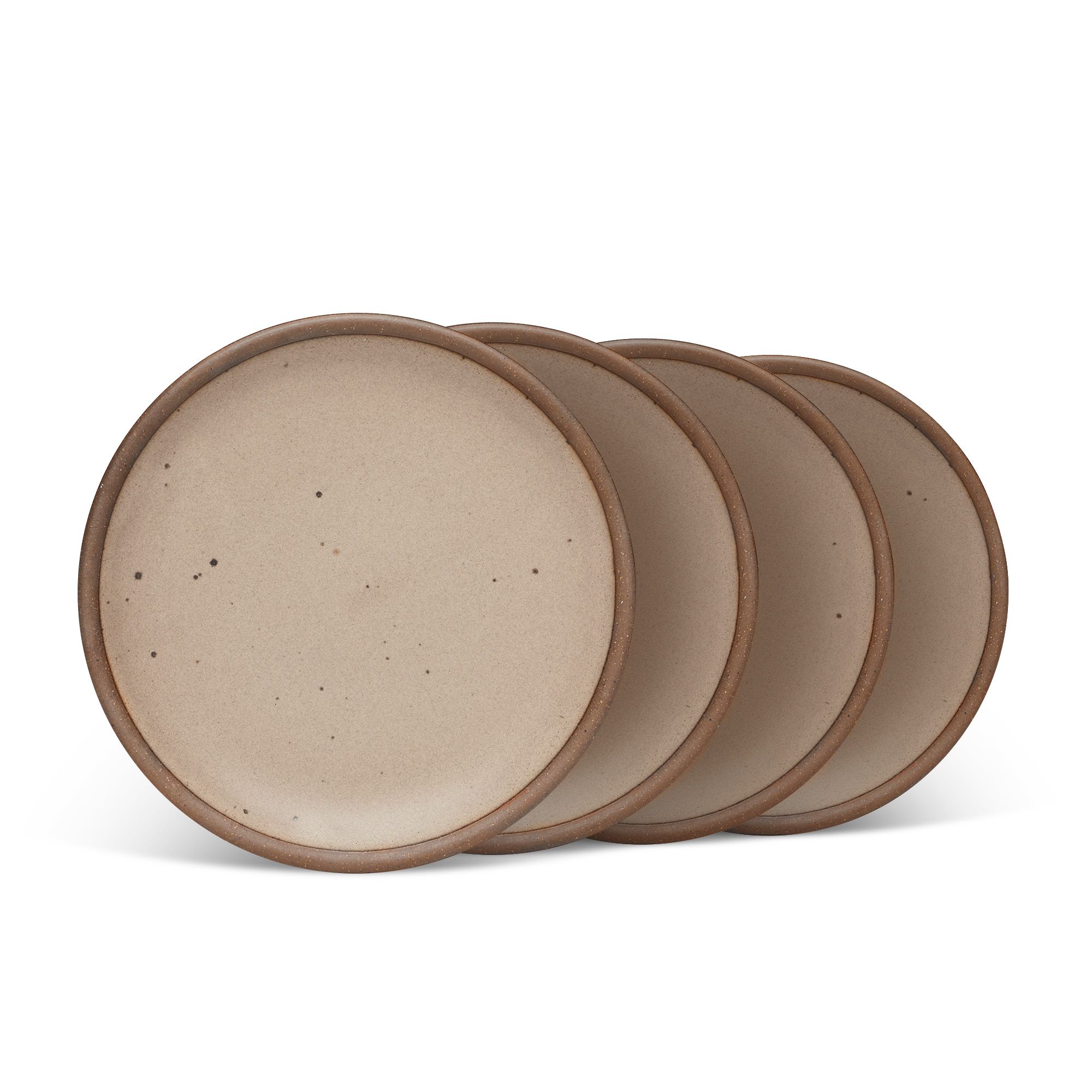 4 medium sized ceramic plates in a warm pale brown color featuring iron speckles and an unglazed rim.