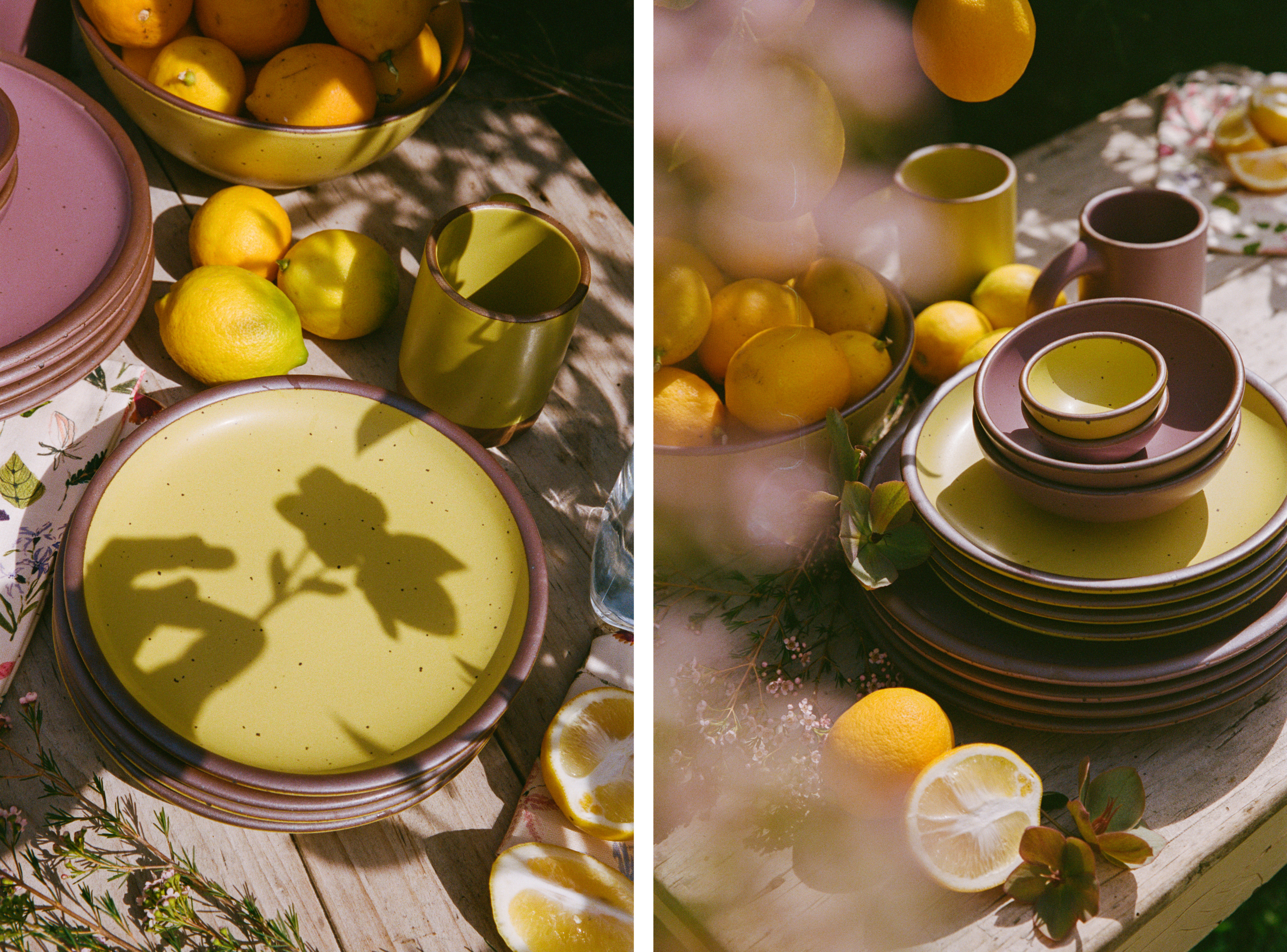2 Photos of a similar scene: the left shows a shadow of a hand holding a flower against a zesty yellow ceramic plate stack on a table with lemons, a mug, and more. The right shows stacks of ceramic zesty yellow and soft mauve purple plates and bowls, with lemons.