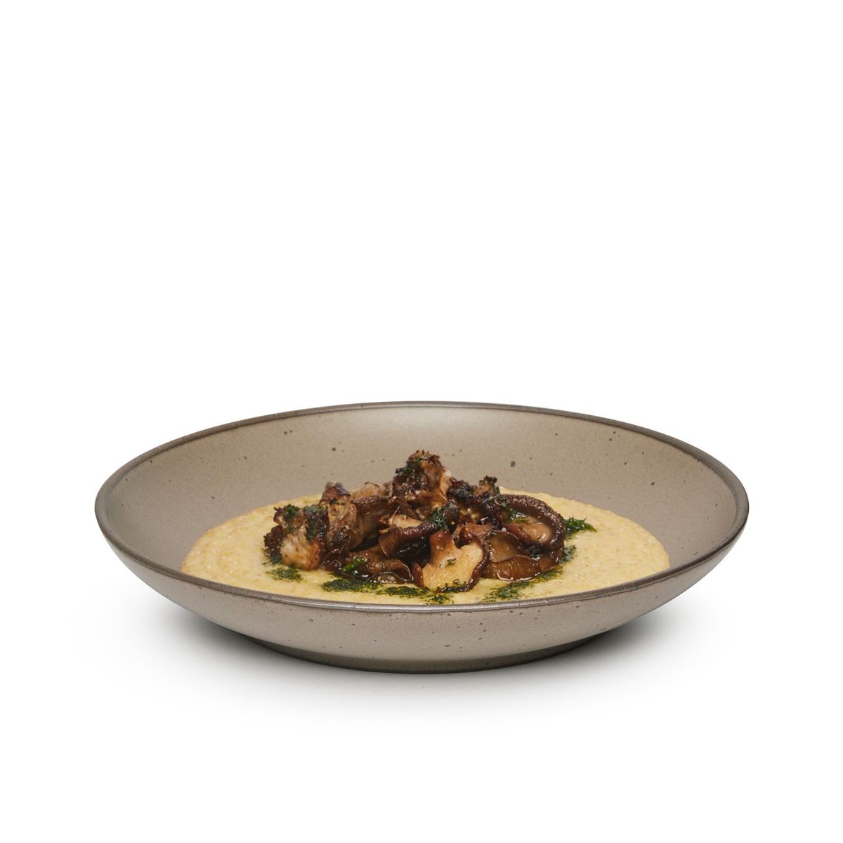 A large ceramic plate with a curved bowl edge in a warm pale brown color featuring iron speckles and an unglazed rim, filled with food