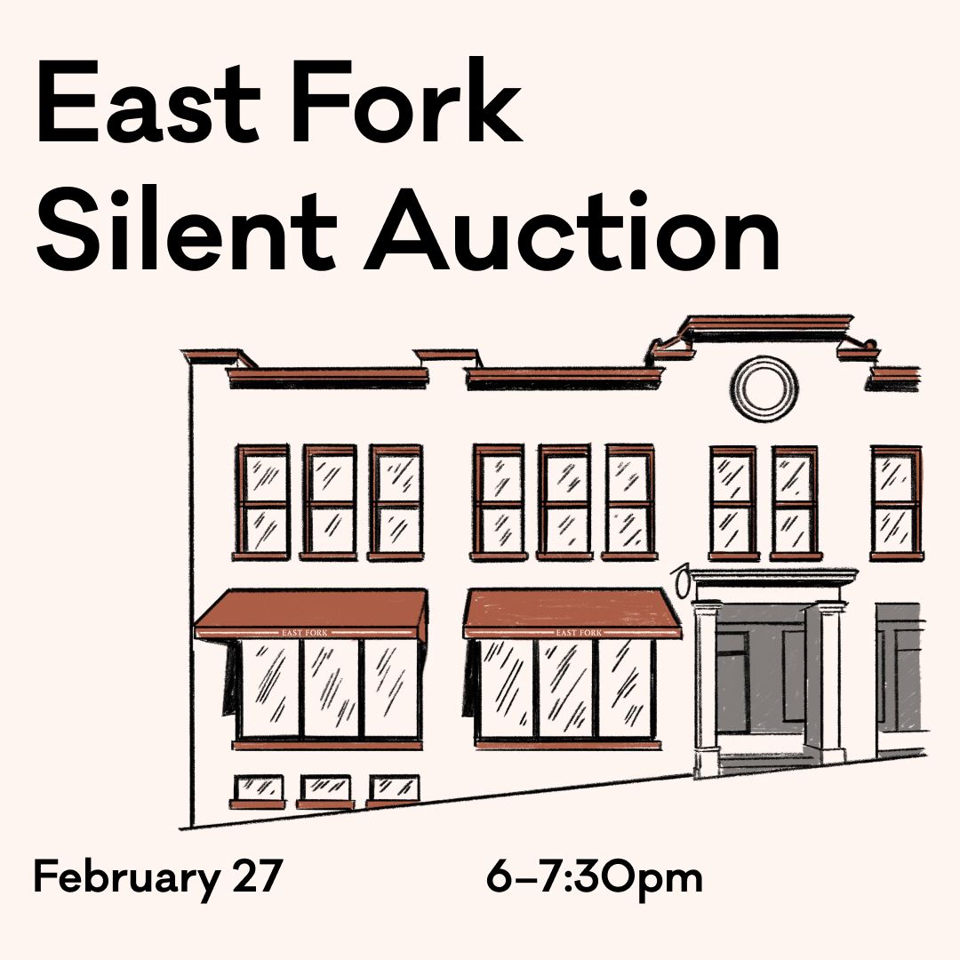 A drawing of East Fork Asheville storefront with words that read "East Fork Silent Auction, February 27, 6-7:30pm"