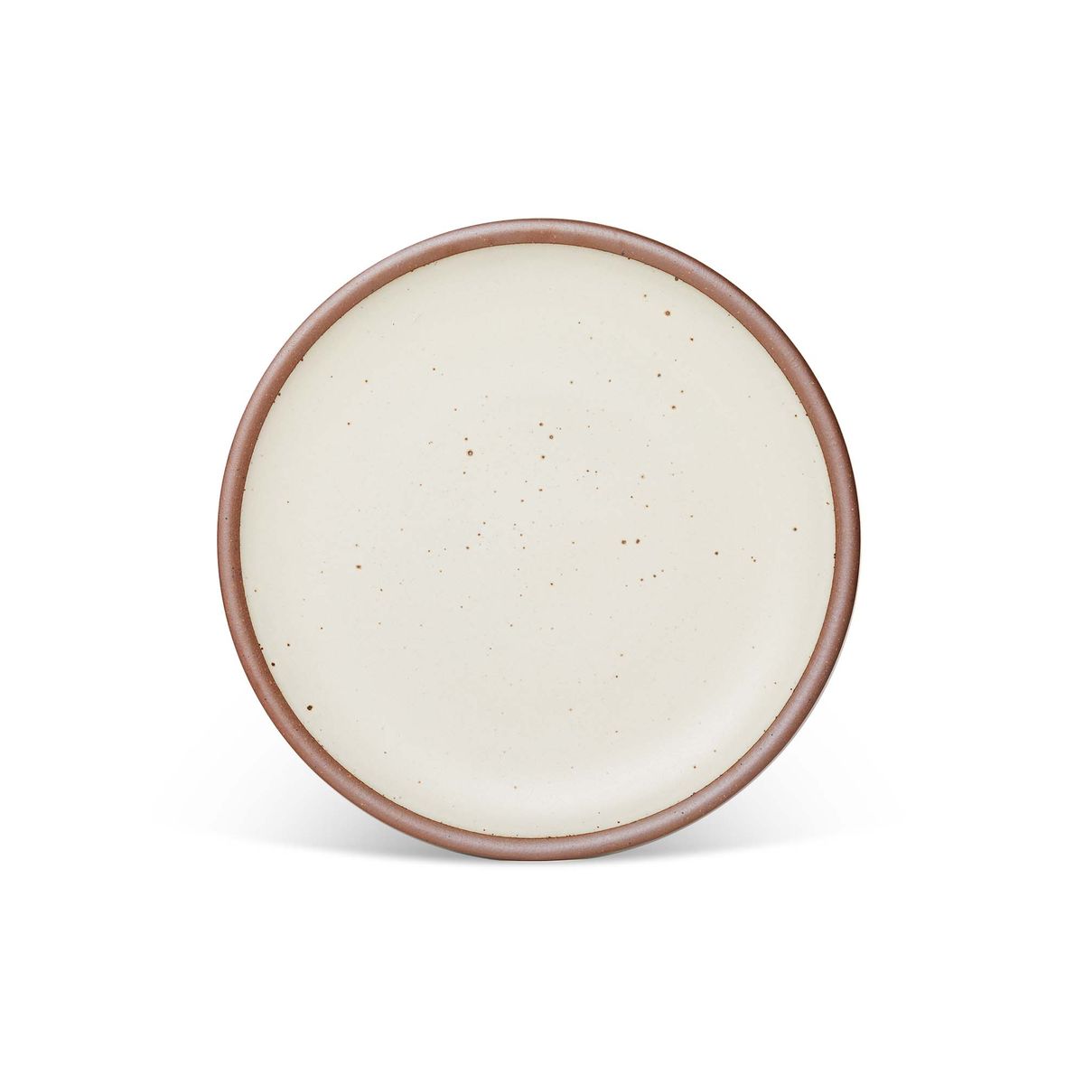 A dinner sized ceramic plate in a warm, tan-toned, off-white color featuring iron speckles and an unglazed rim