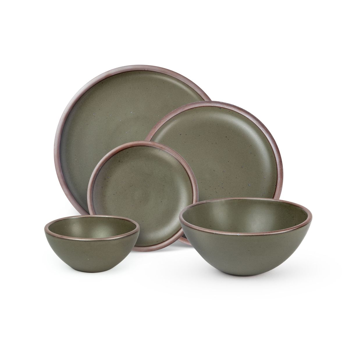 An ice cream bowl, soup bowl, cake plate, side plate and dinner plate in a pine green color featuring iron speckles