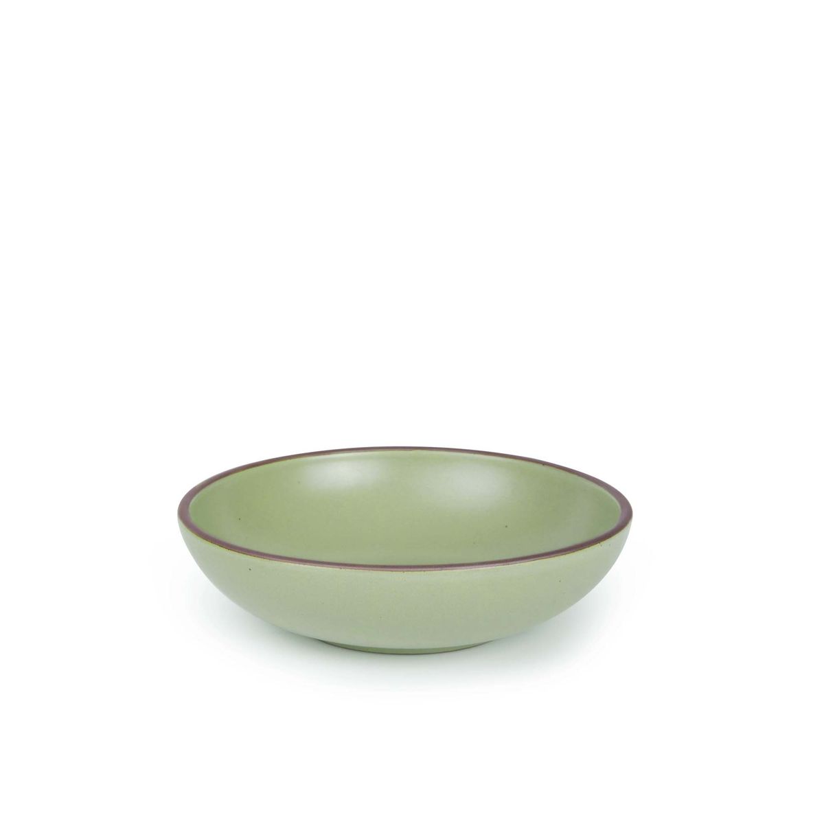 A dinner-sized shallow ceramic bowl in a calming sage green color featuring iron speckles and an unglazed rim