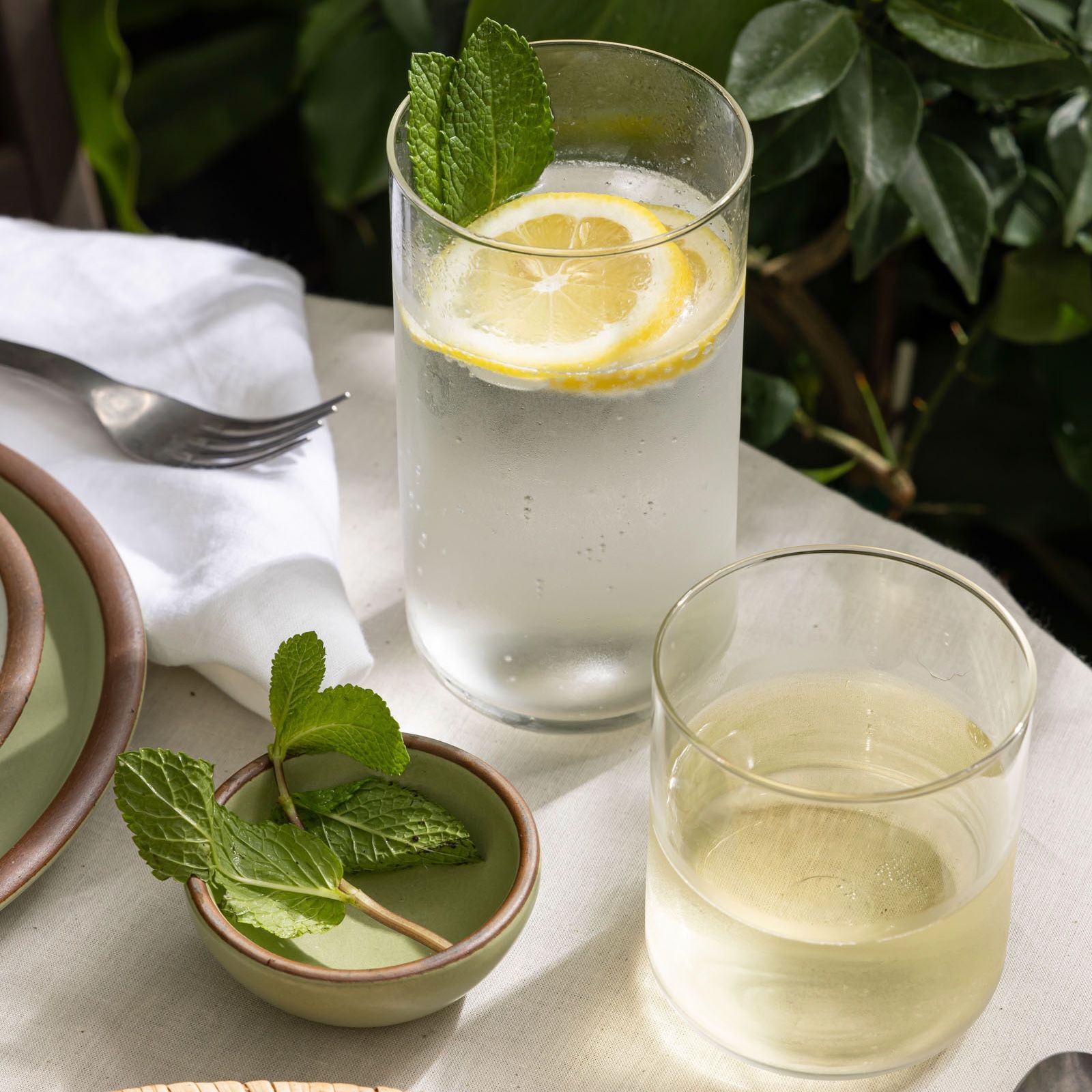 On a table outdoors, sits 2 straight walled glass cups, one tall one short. The short one is filled with wine, and the tall is filled with lemon water and mint. Next to the glasses is a small ceramic bowl in a sage green color with mint leaves inside.