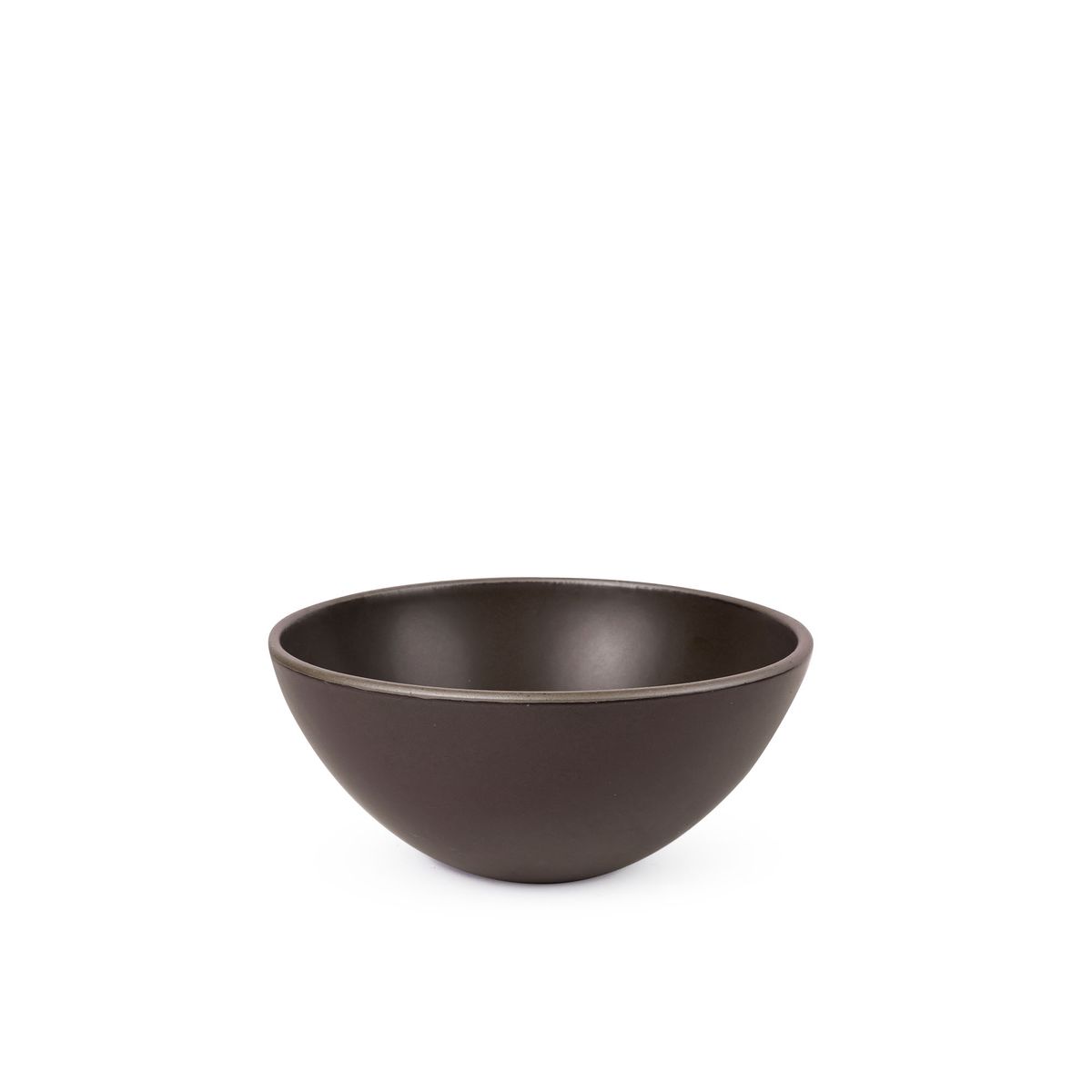 A medium rounded ceramic bowl in a dark cool brown color featuring iron speckles and an unglazed rim