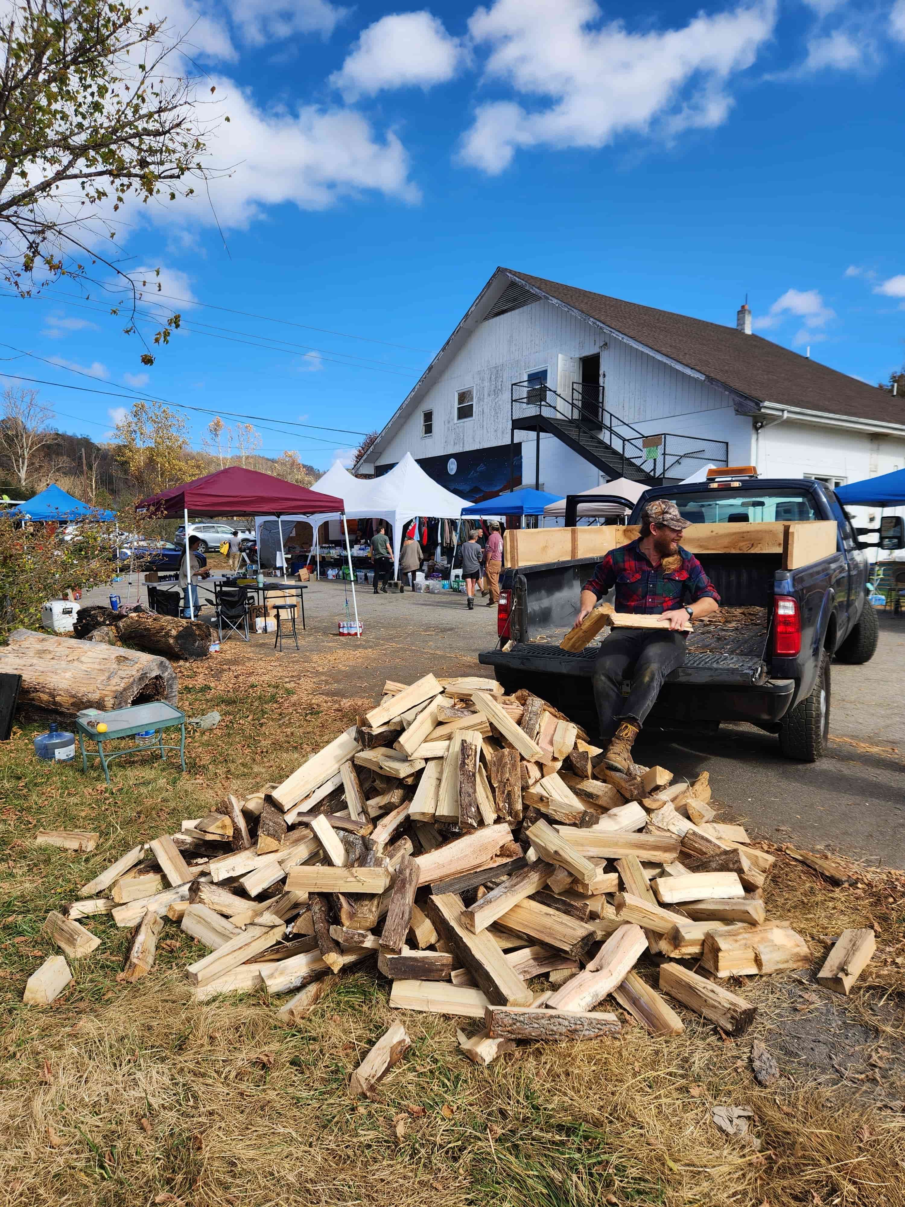 Outside, there is a pile of chopped wood with a truck behind and someone leaning against the truck bed.