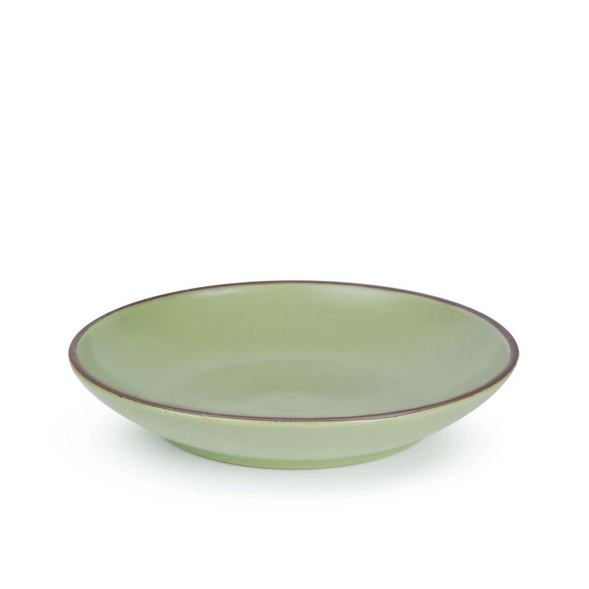 A large ceramic plate with a curved bowl edge in a calming sage green color featuring iron speckles and an unglazed rim.