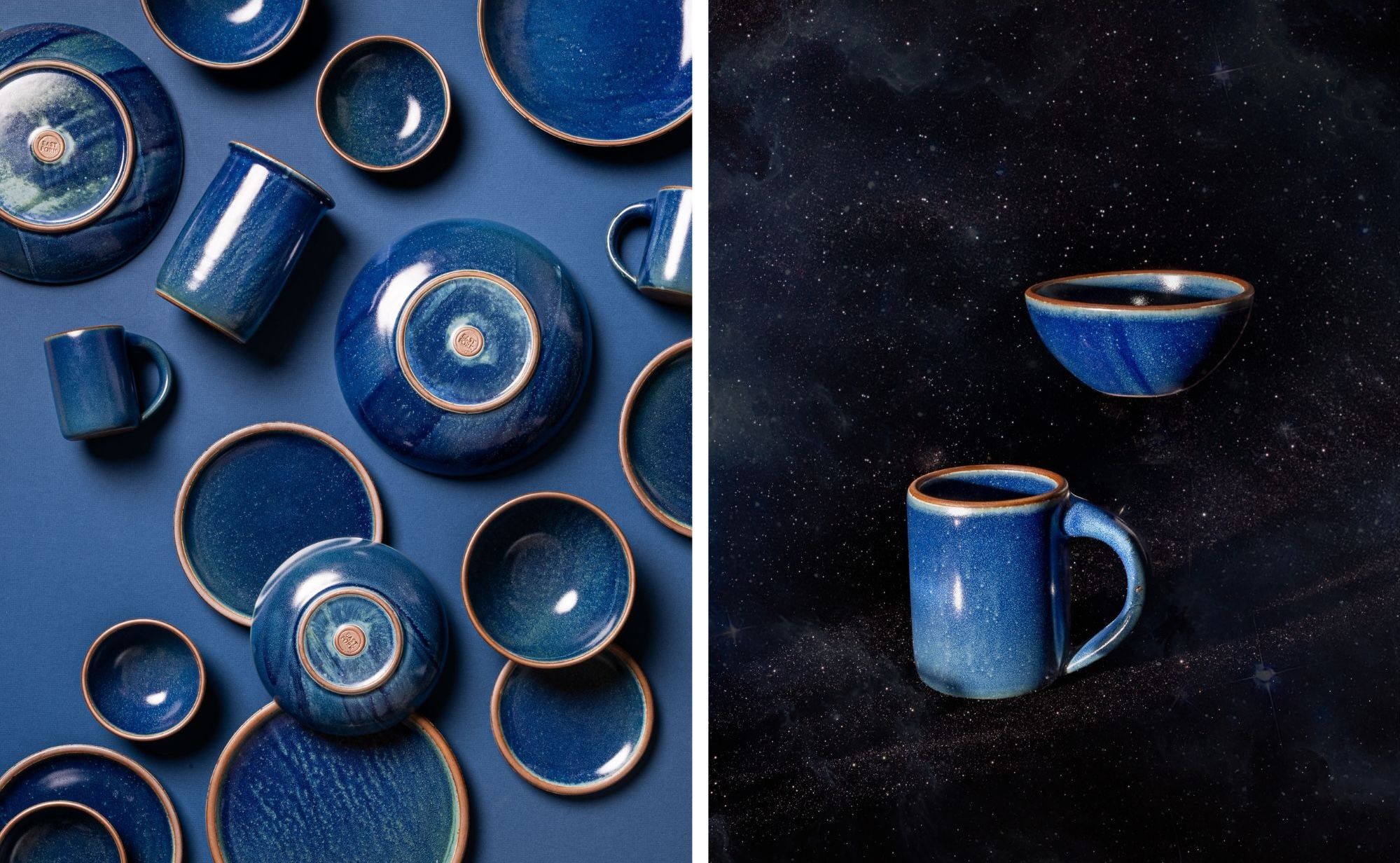 2 images side by side, the first is an artful flat lay of ceramic bowls and pots in a dappled blue glaze; The second is a ceramic bowl and mug in a glossy dappled blue colorway against a dark starry background.