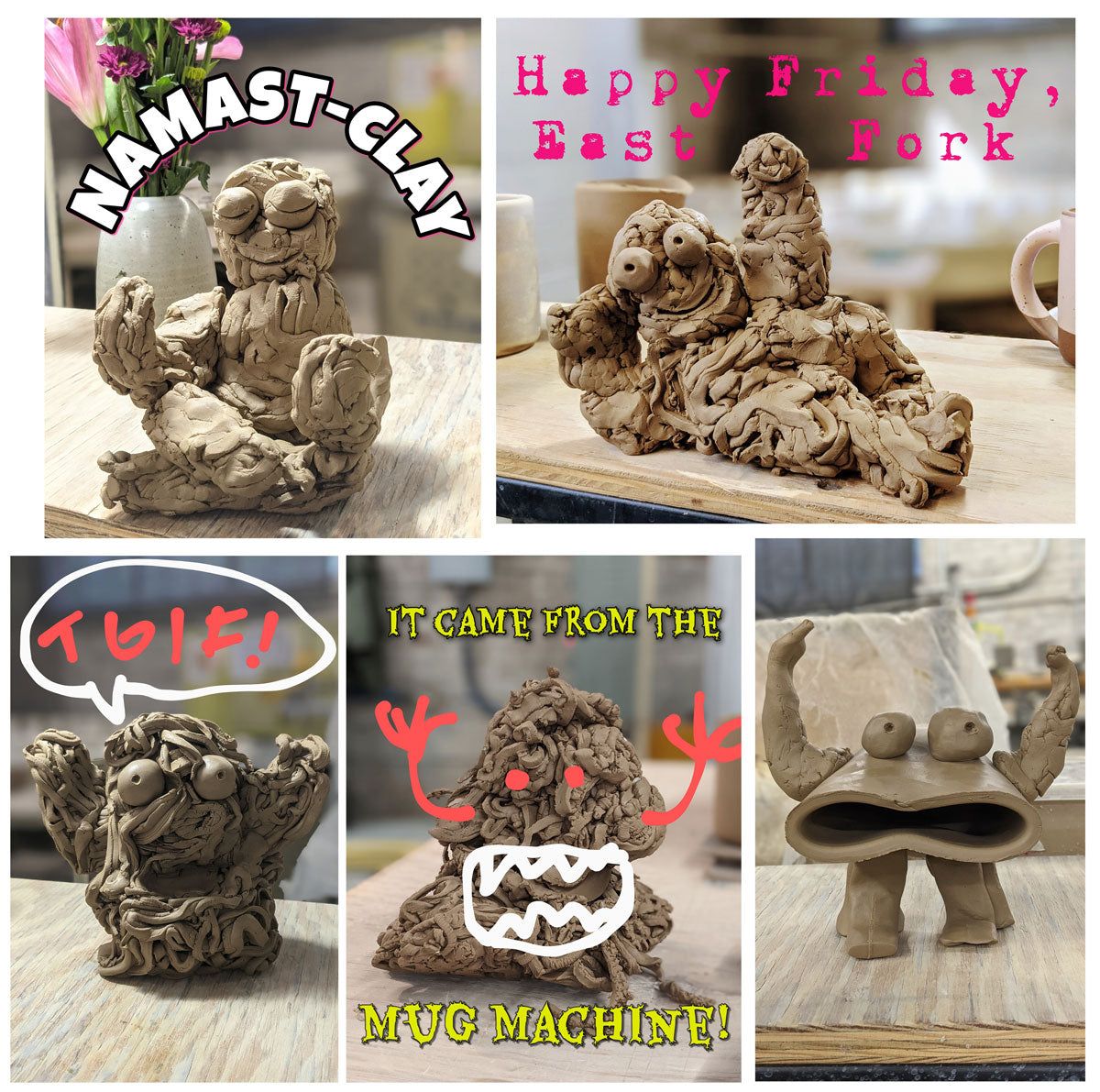 Whimsical clay creatures made from scraps at the warehouse Donnie uses to brighten everyone's day.