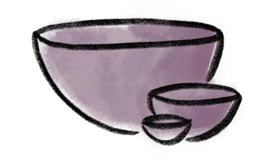 A simple crayon drawing of 3 bowls in tiny, medium, and large sizes with a watercolor wash in a soft purple color