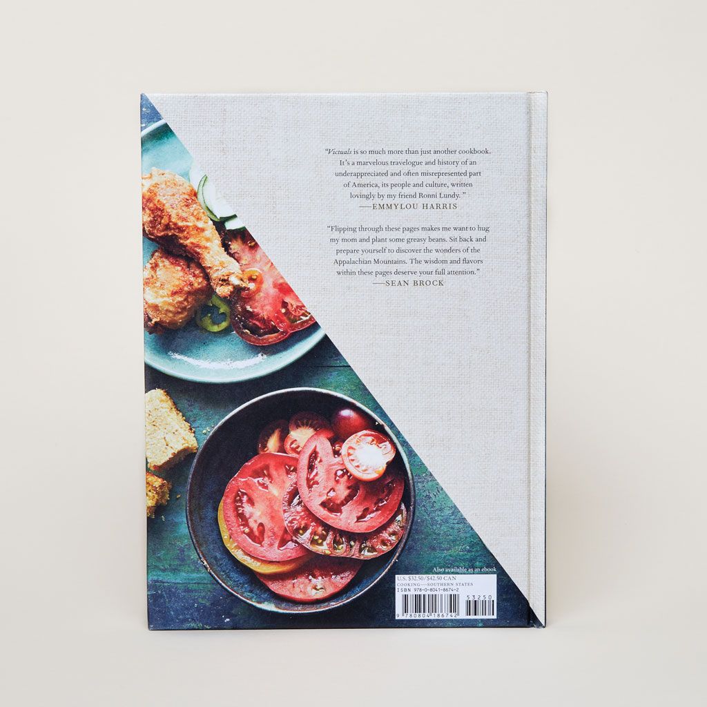 Back cover of Victuals with review quotes and photos of food