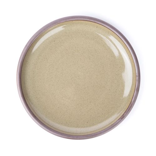 A large ceramic platter in a reflective dappled grey-green color featuring iron speckles and an unglazed rim.