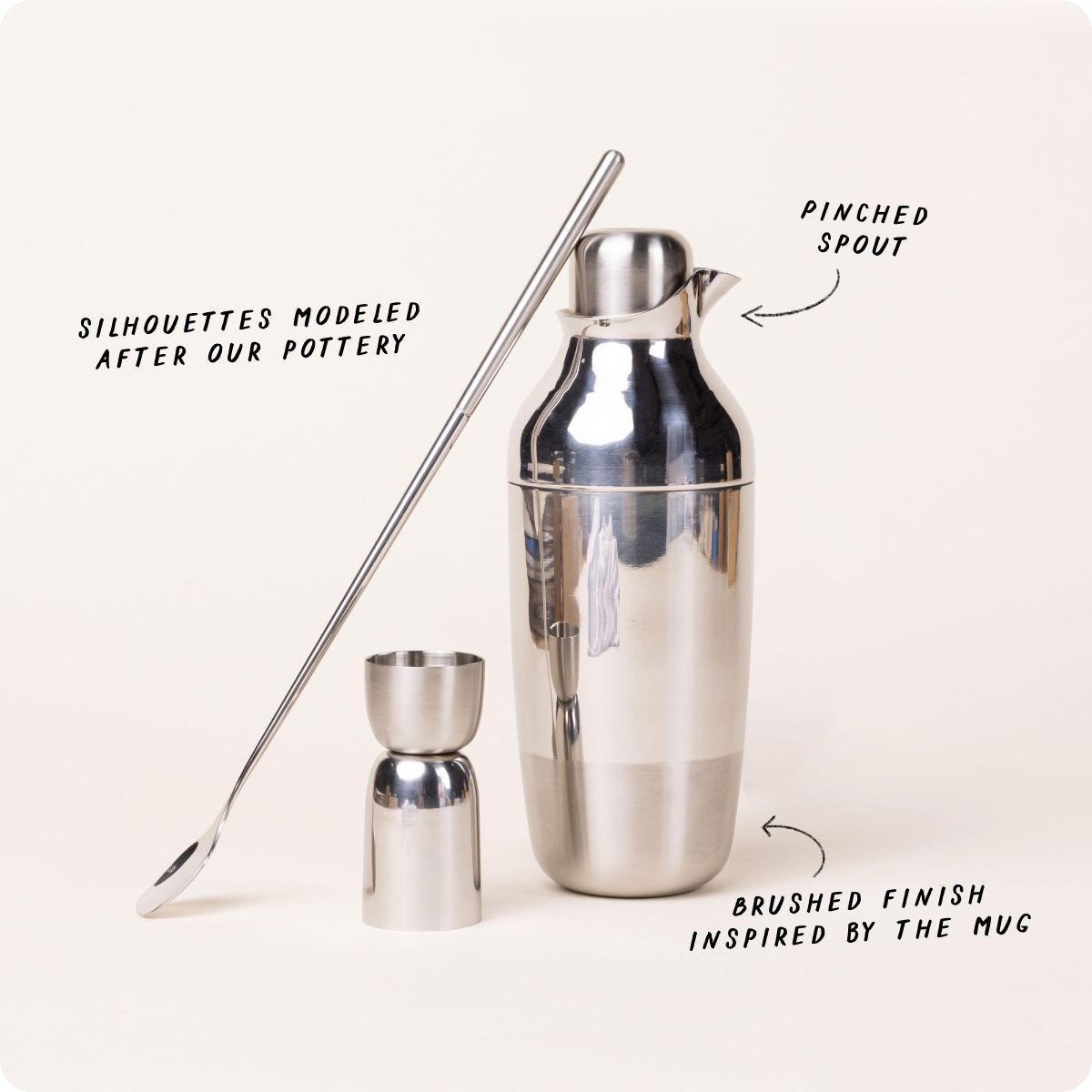 The Mescola Cocktail Set with writing calling out specific features like brushed finish, pinched spout, and inspired by East Fork's pottery silhouettes.