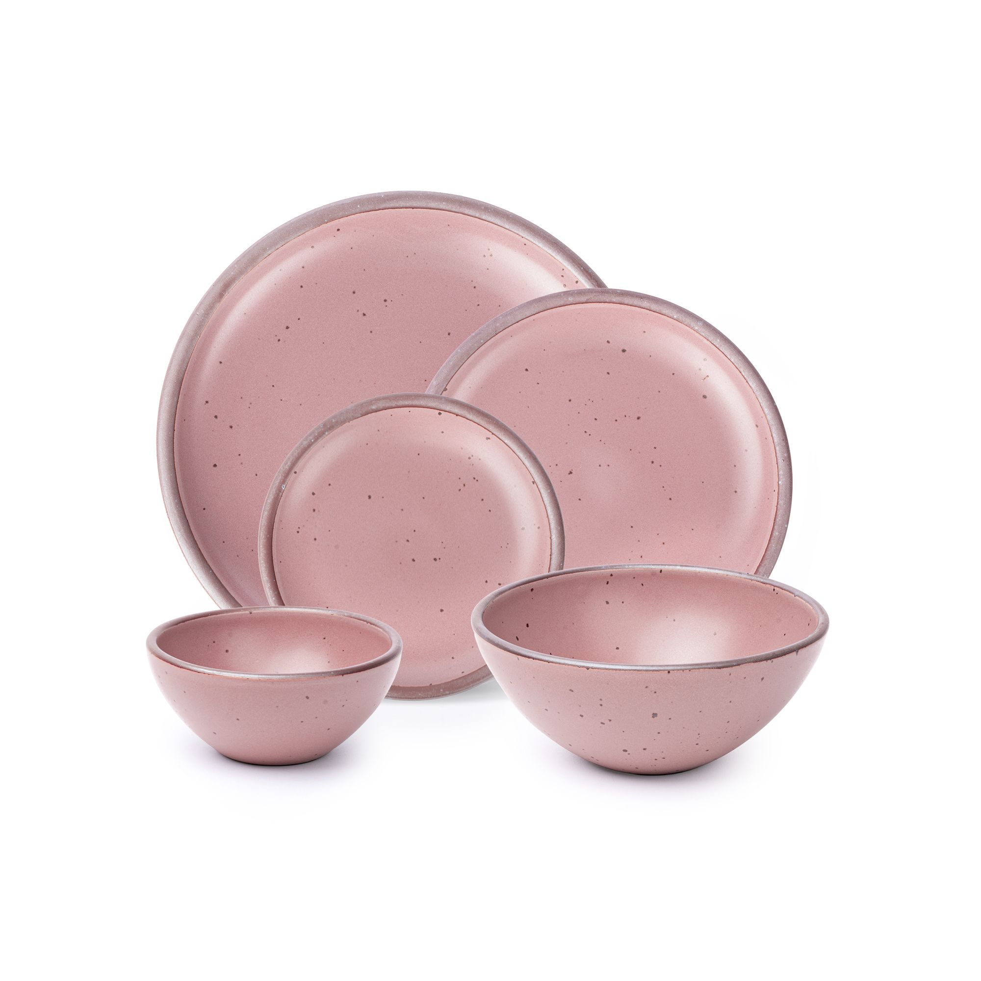 An ice cream bowl, soup bowl, cake plate, side plate and dinner plate in a dusty mauve pink color featuring iron speckles