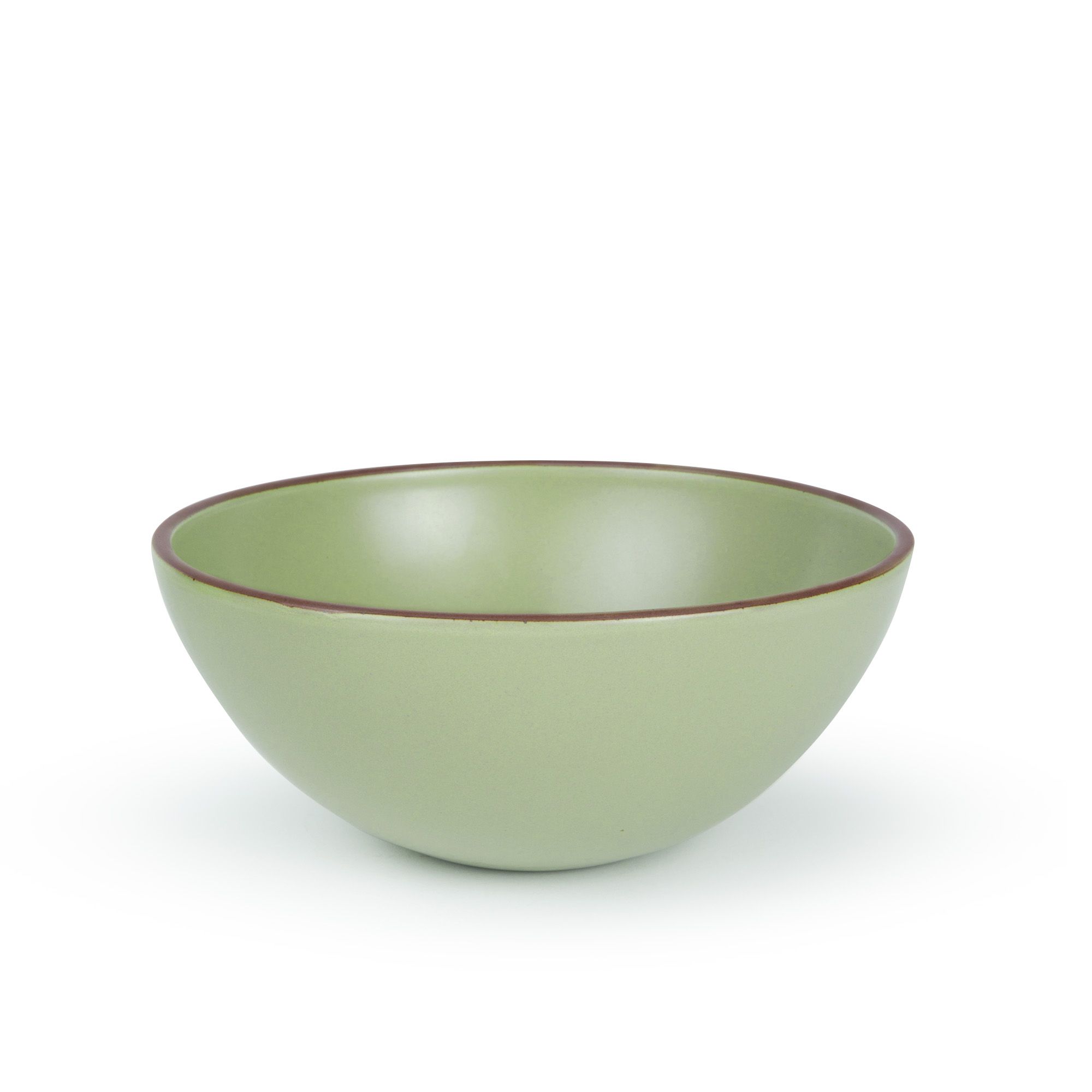 A large rounded ceramic bowl in a calming sage green color featuring iron speckles and an unglazed rim