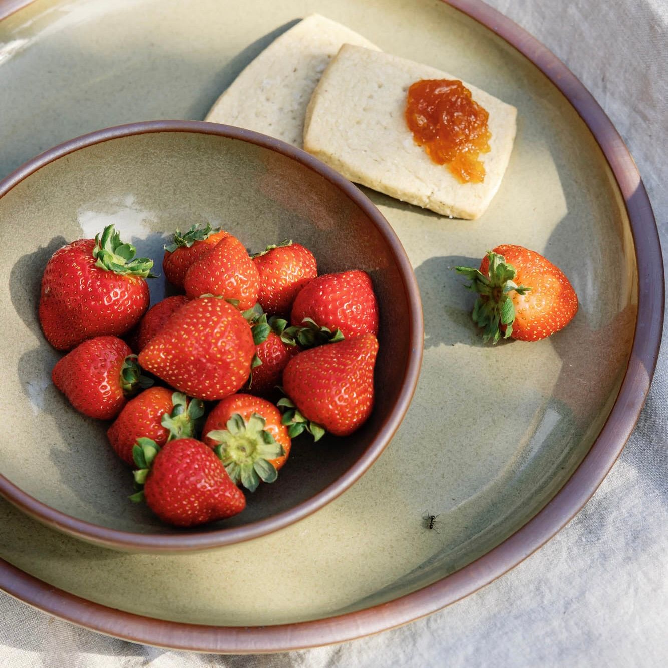Outside, a reflective dappled grey-green small shallow bowl on a dinner plate with strawberries and breads.