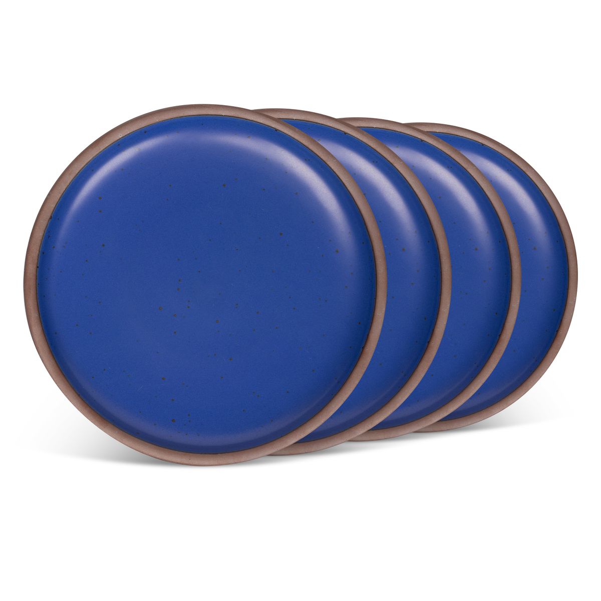4 dinner sized ceramic plates in a cobalt blue color featuring iron speckles and an unglazed rim