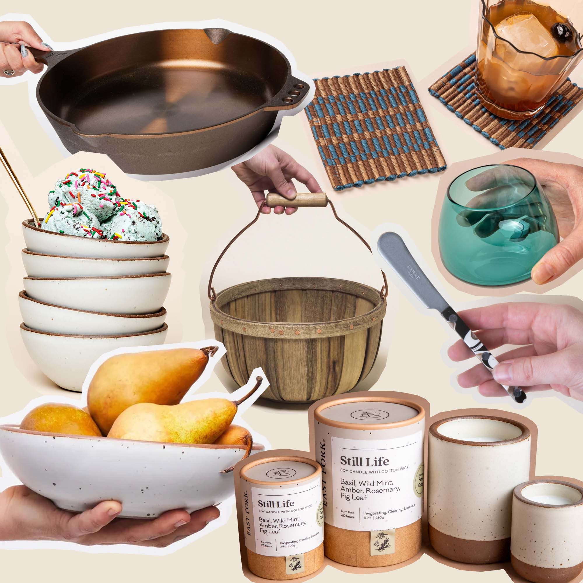 A collage-style photo of different cut out items like candles, a skillet, bowls, coasters, glassware and more.