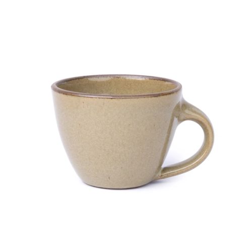 Round stoneware mug with handle, in a reflective grey-green with an unglazed rim.