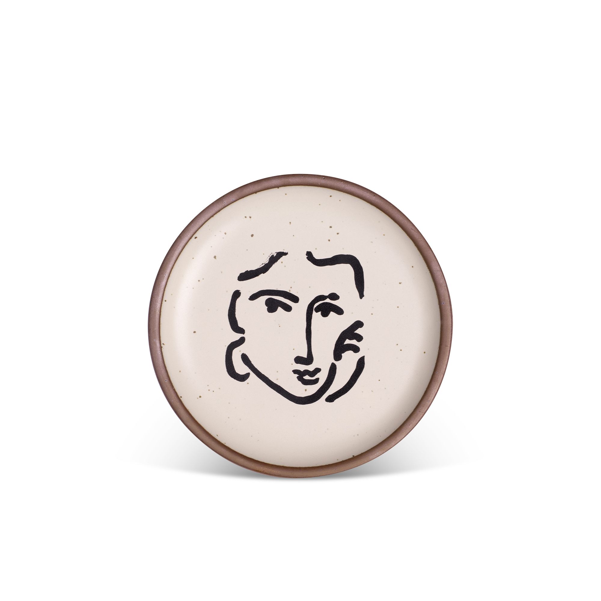 A minimalist black ink decal of a woman's face and hand resting on one cheek, in an abstract, expressive style centered on an off-white ceramic plate with an unglazed rim.