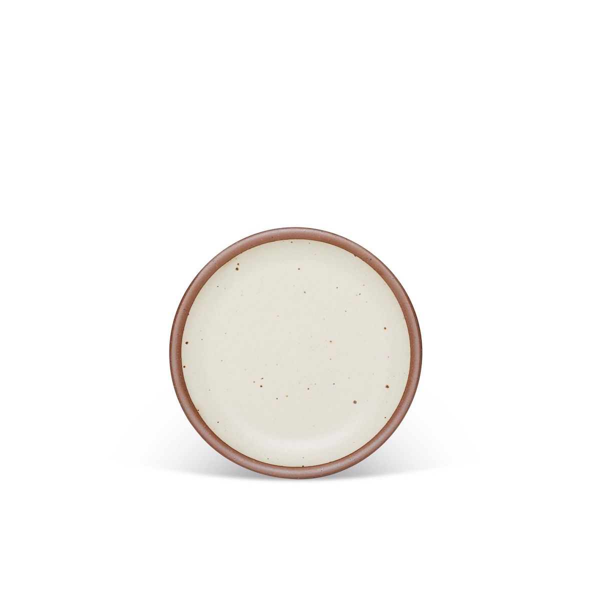 A dessert sized ceramic plate in a warm, tan-toned, off-white color featuring iron speckles and an unglazed rim.