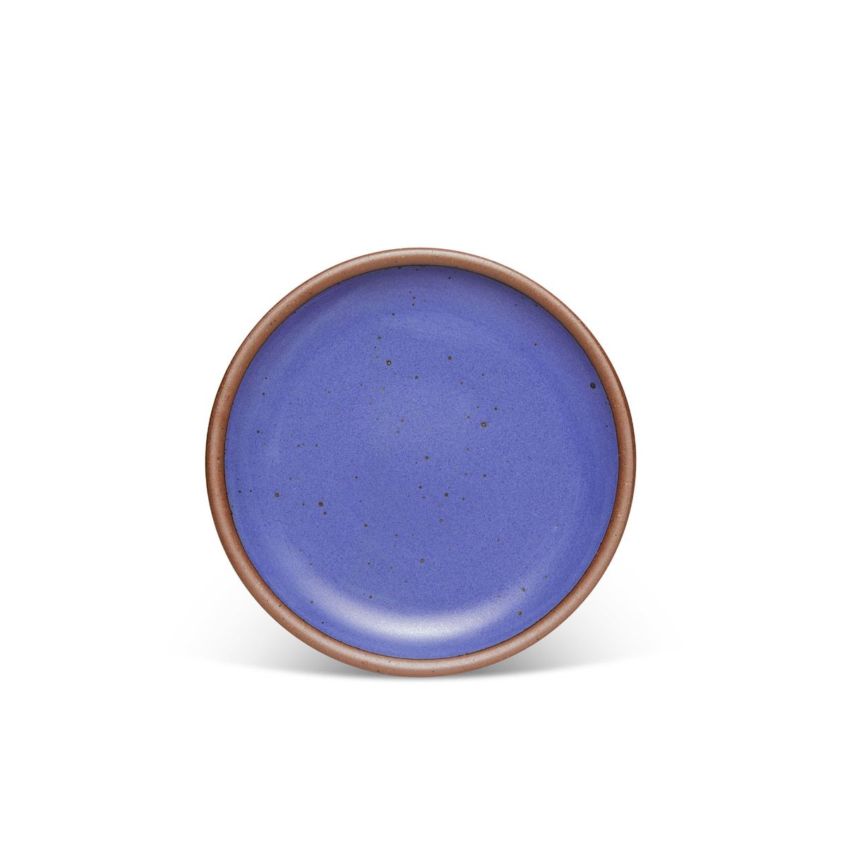 A medium sized ceramic plate in a true cool blue color featuring iron speckles and an unglazed rim.