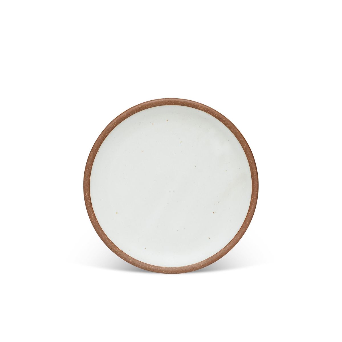 A medium sized ceramic plate in a cool white color featuring iron speckles and an unglazed rim.
