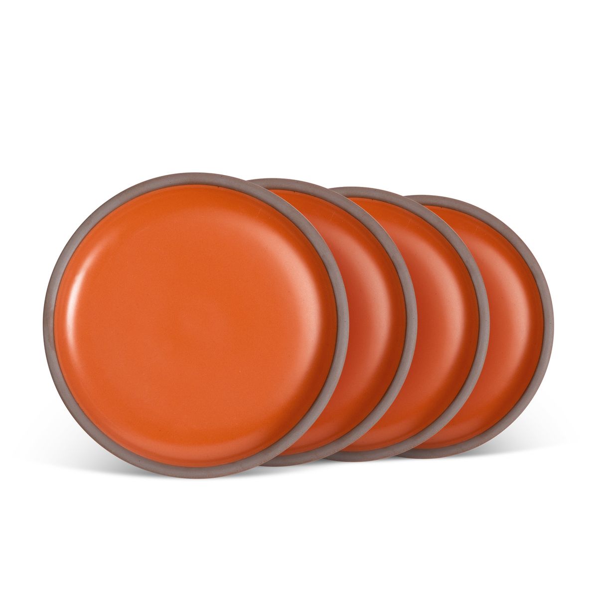 4 medium sized ceramic plates in a bold orange color featuring iron speckles and an unglazed rim.