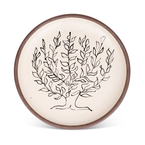A large serving platter in a warm off-white color with unglazed rim with a black decal of the artwork, Le Platane, from Henri Matisse.