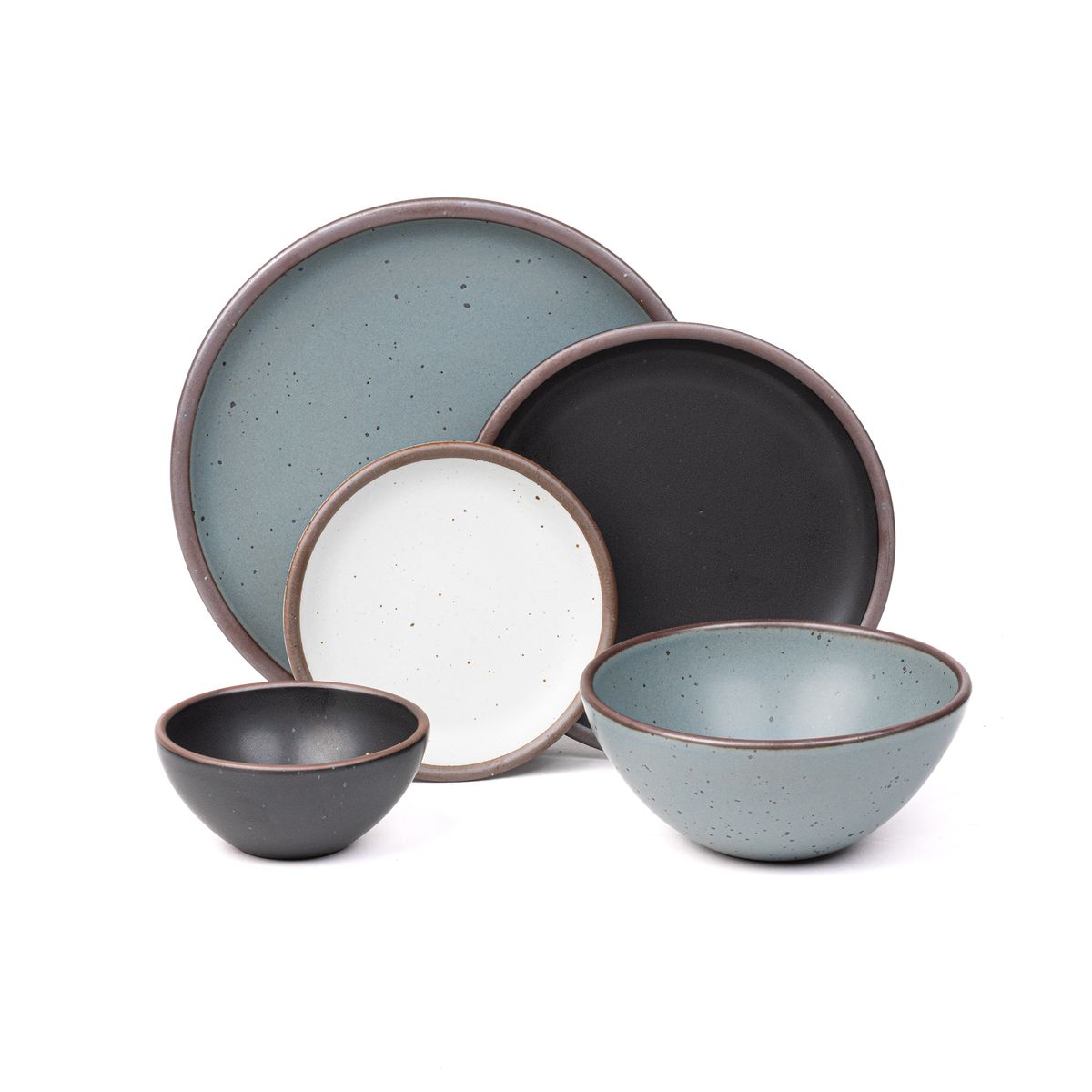 An ice cream bowl and side plate in graphite black, a soup bowl and dinner plate in blue-grey, and a cake plate in a cool white color.