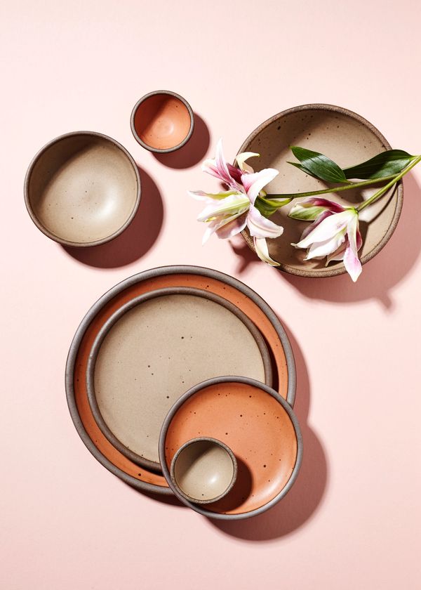 An overhead shot of Utah and Morel colored pottery.