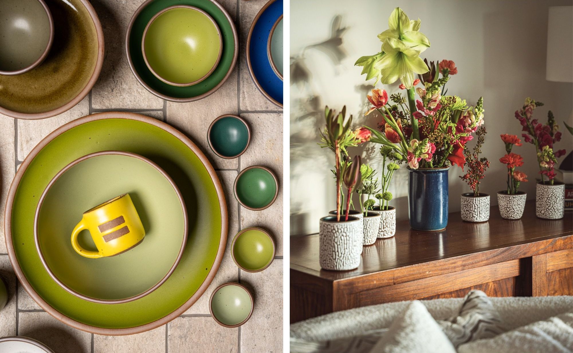 Two photos - the left is an artful display of ceramic bowls and plates in hues of green with a yellow mug with an equal sign. The right is artful arrangements of flowers inside Crawl Glaze vessels on a table.