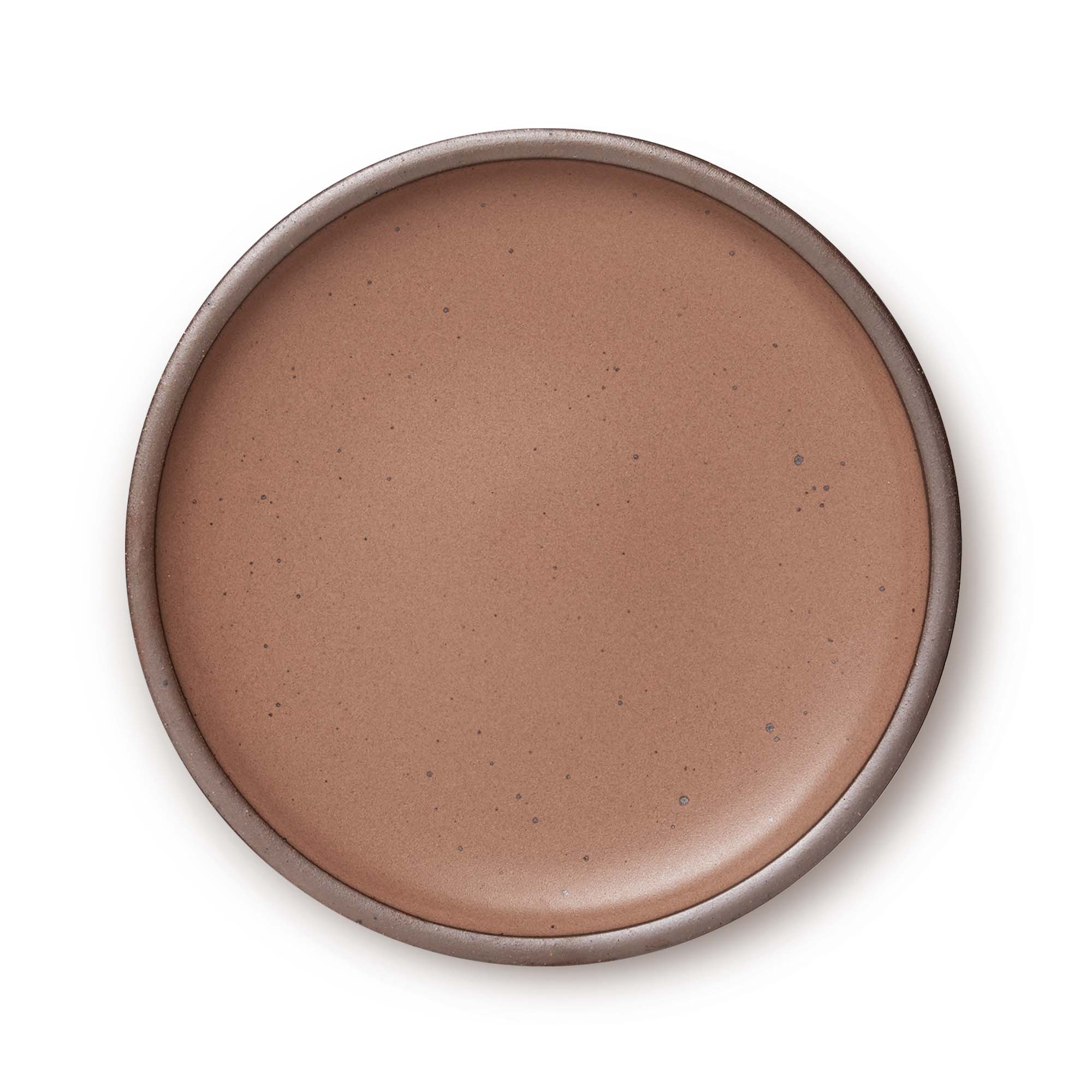 A large ceramic platter in a warm brown color featuring iron speckles and an unglazed rim.