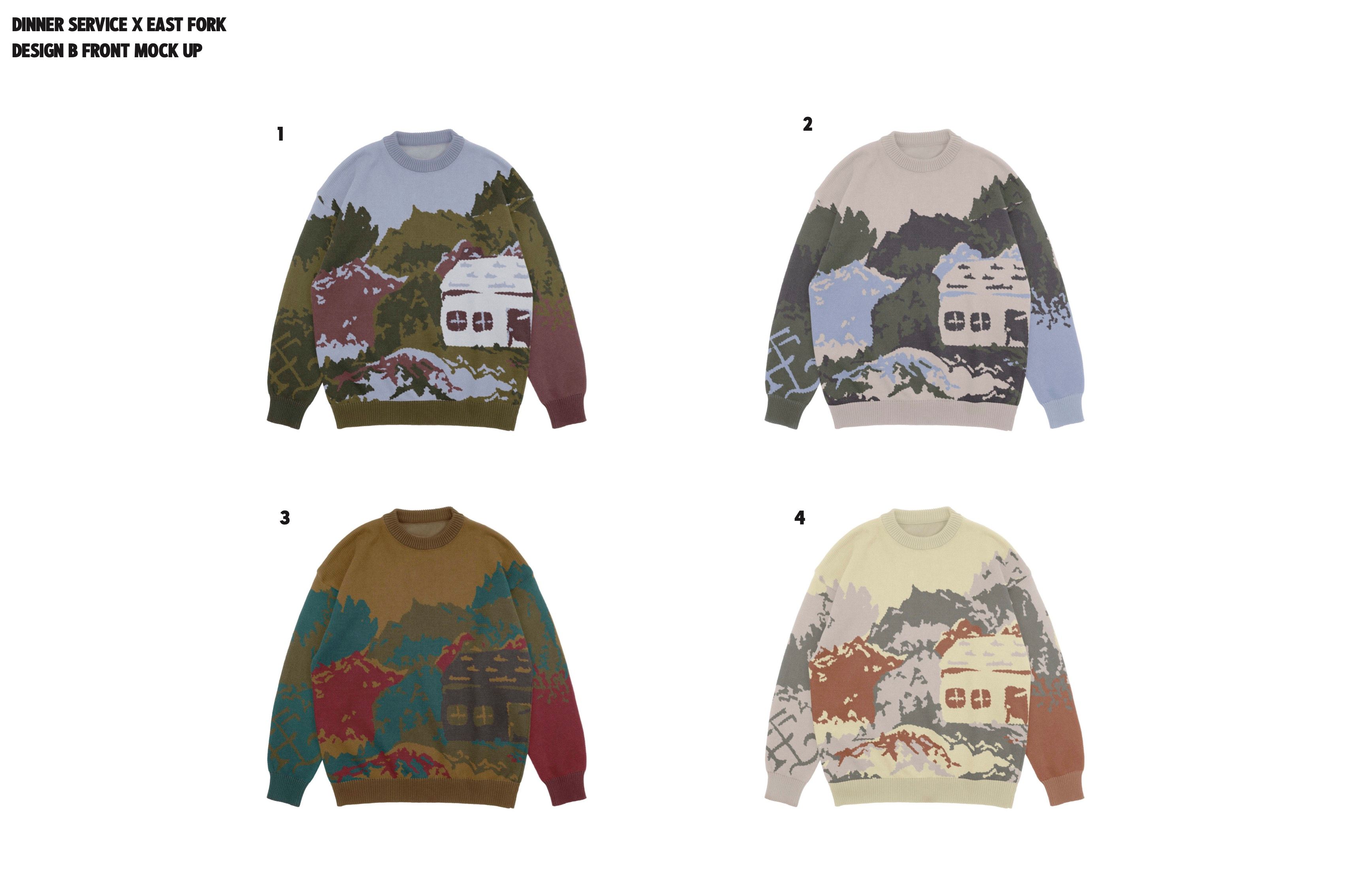 4 mockups of a different designed sweater featuring the old cabin and the mountains, in 4 different color ways