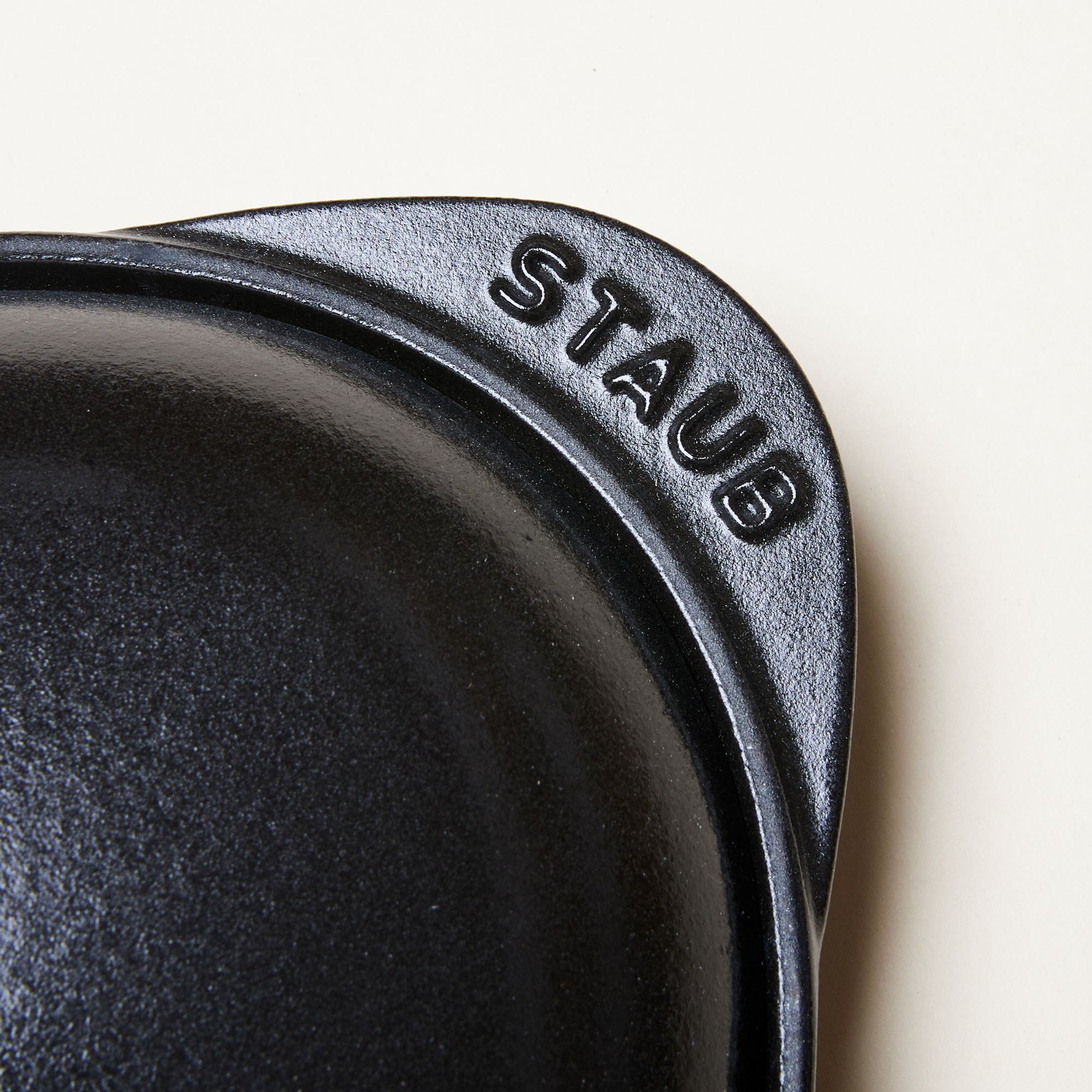 Close up of Staub logo on handle
