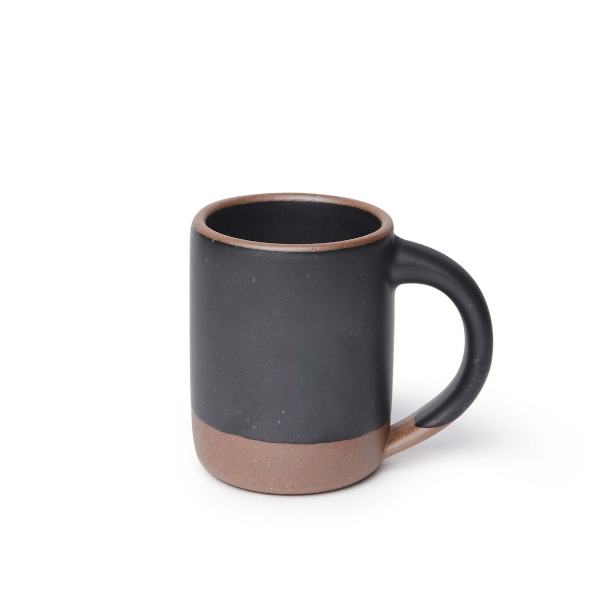 A medium sized ceramic mug with handle in a graphite black color featuring iron speckles and unglazed rim and bottom base.