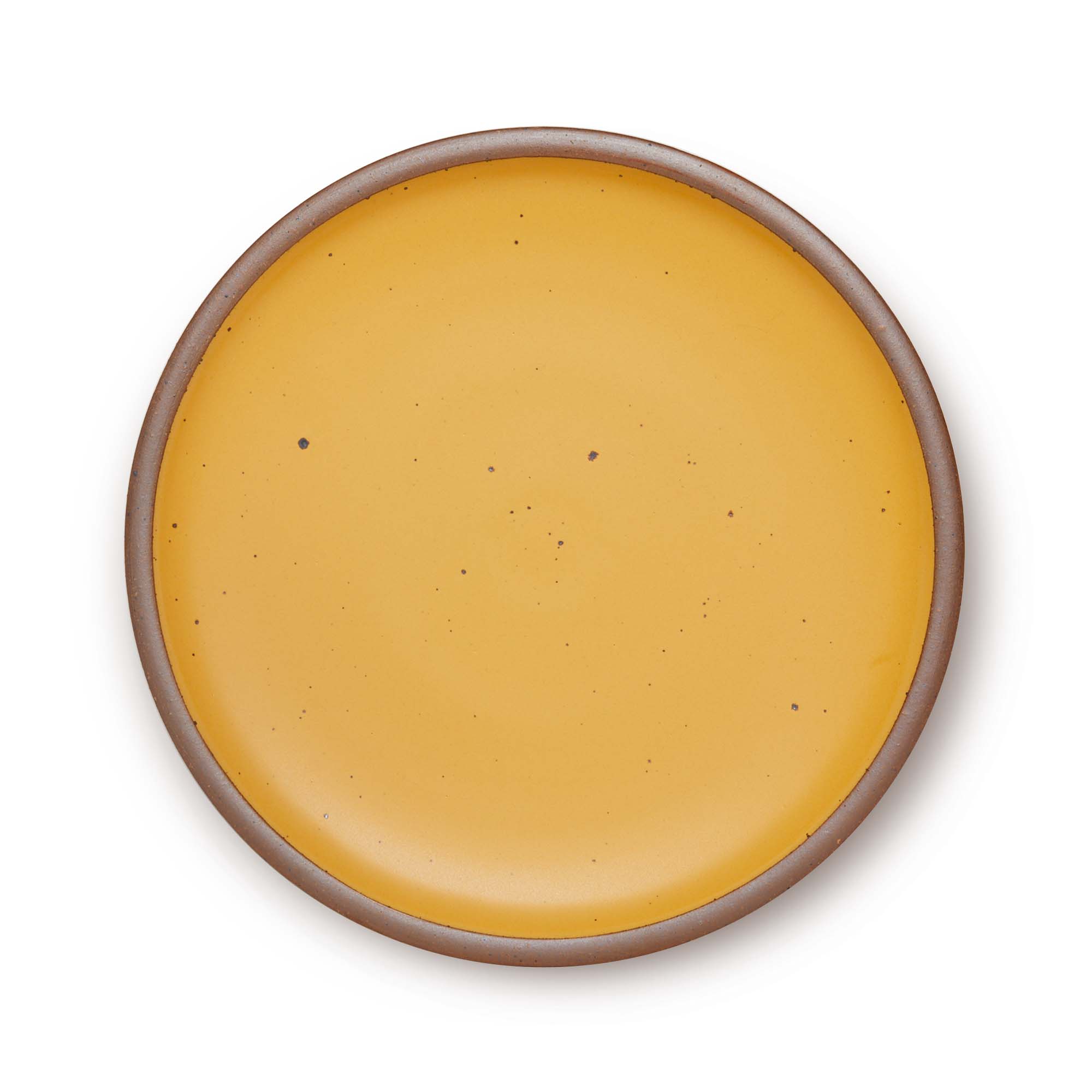A large ceramic platter in a golden yellow color featuring iron speckles and an unglazed rim.