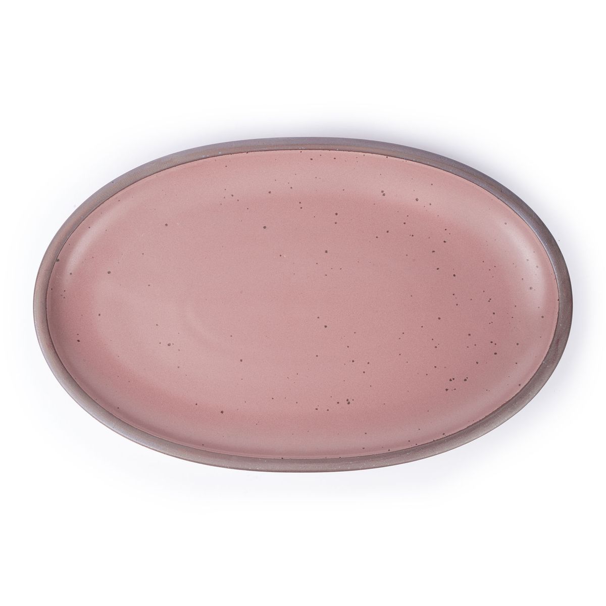 A large oval ceramic platter in a dusty mauve pink color featuring iron speckles and an unglazed rim