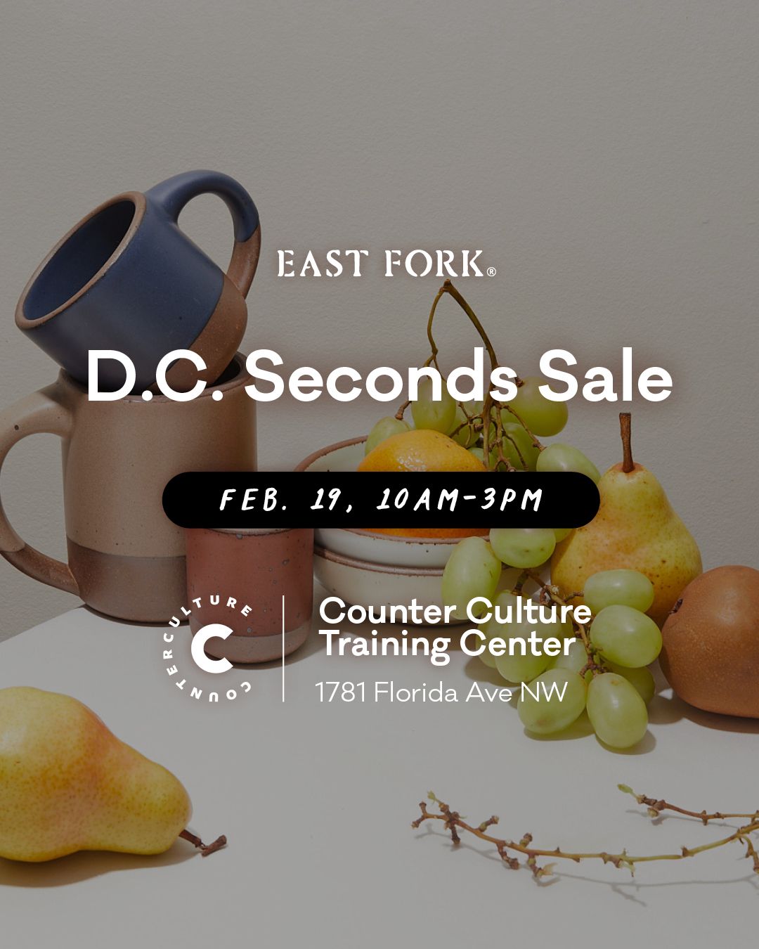 (Text) East Fork x Diaspora Co. New York City Pop Up. December 3rd-4th, 11am-7pm. Counter Culture - 376 Broome St. New York, NY 10013. (Image) Yellow and pink pots on a creamy background.