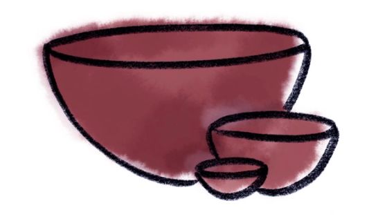 A simple crayon drawing of 3 bowls in tiny, medium, and large sizes with a watercolor wash in a berry plum color