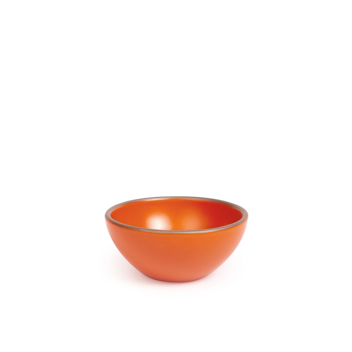 A small dessert sized rounded ceramic bowl in a bold orange color featuring iron speckles and an unglazed rim