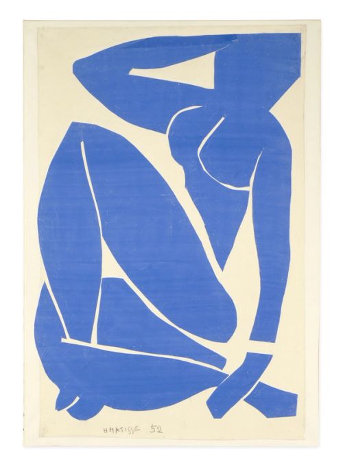 Original artwork, Nu bleu, III, by Henri Matisse, a bright blue, abstract, silhouetted female figure in a curled, seated position, with sharp cut-out edges, set against an off-white background.