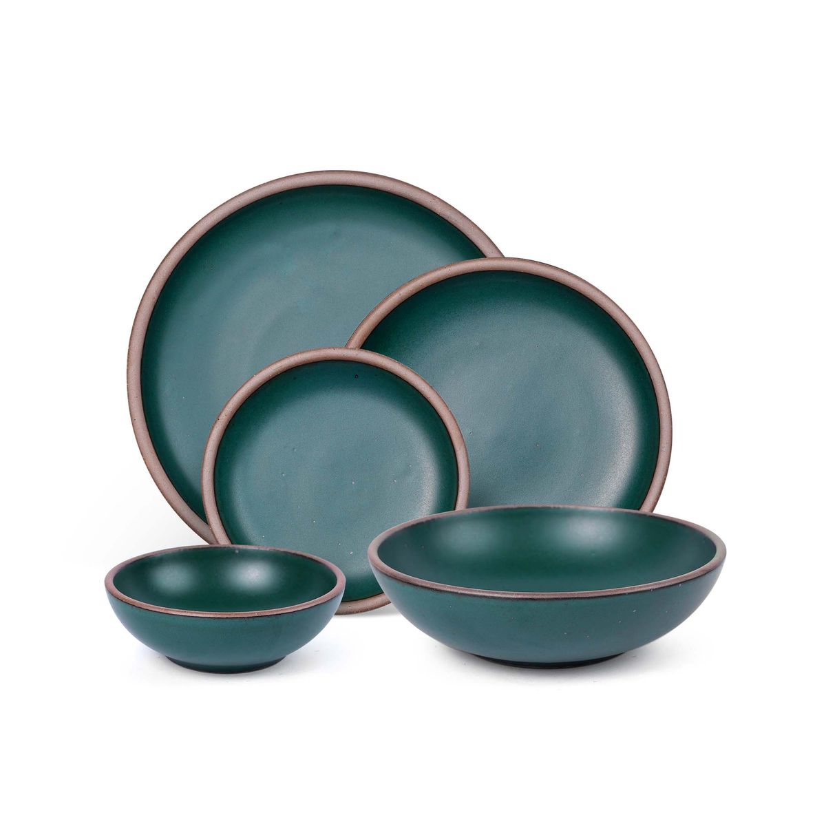 A breakfast bowl, everyday bowl, cake plate, side plate and dinner plate paired together in a deep dark teal featuring iron speckles